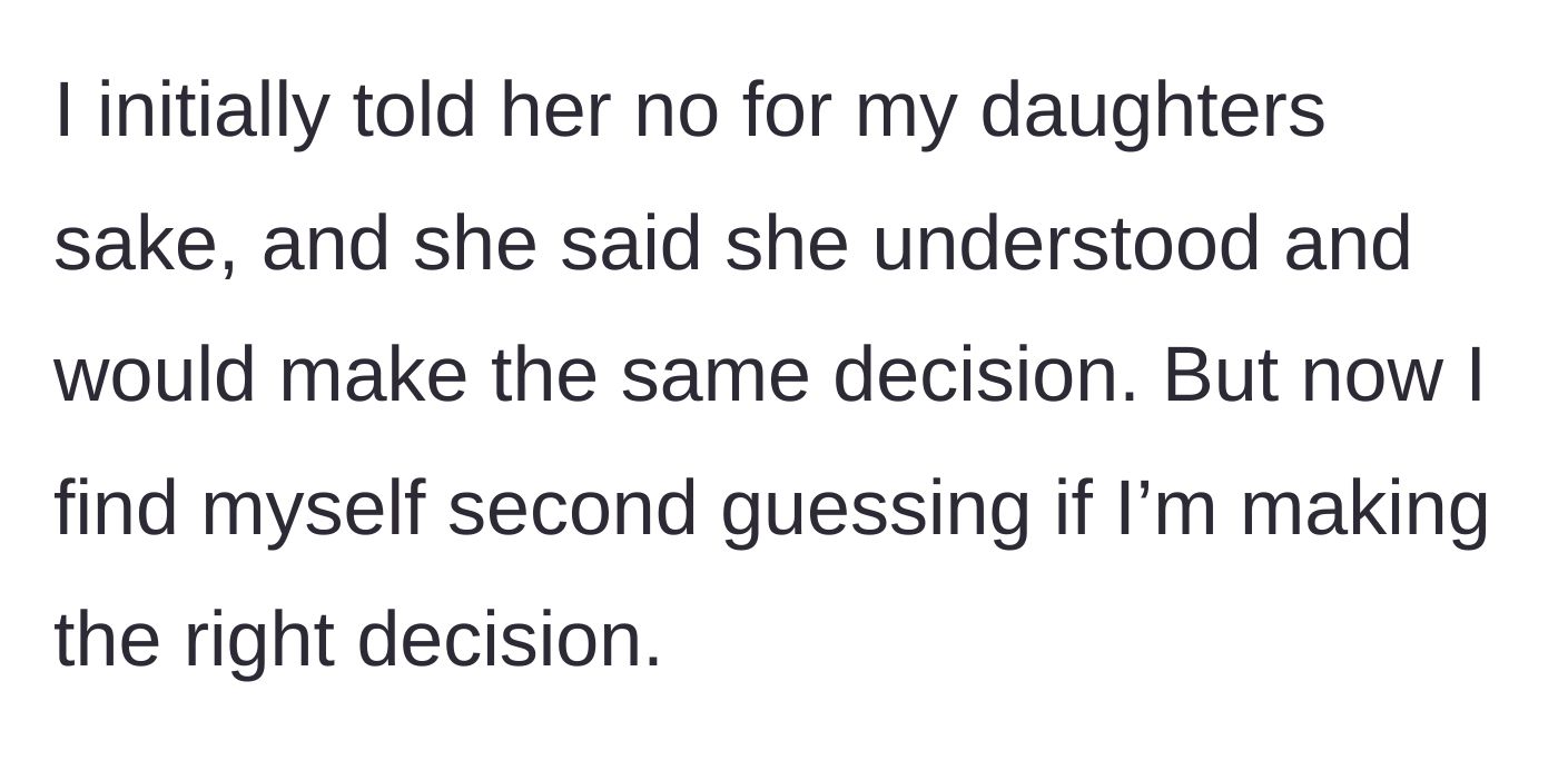 Story part 3 - The mother declines the request, the grandmother gracefully agrees, and the mother is left battling intense self-doubt.