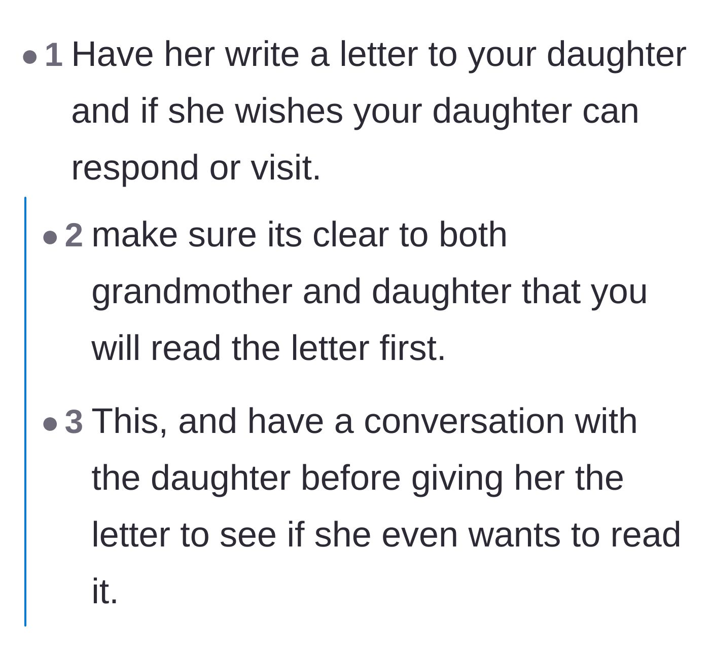 Comment thread 3 - A suggestion to have the grandmother write a screened letter instead of an in-person visit.