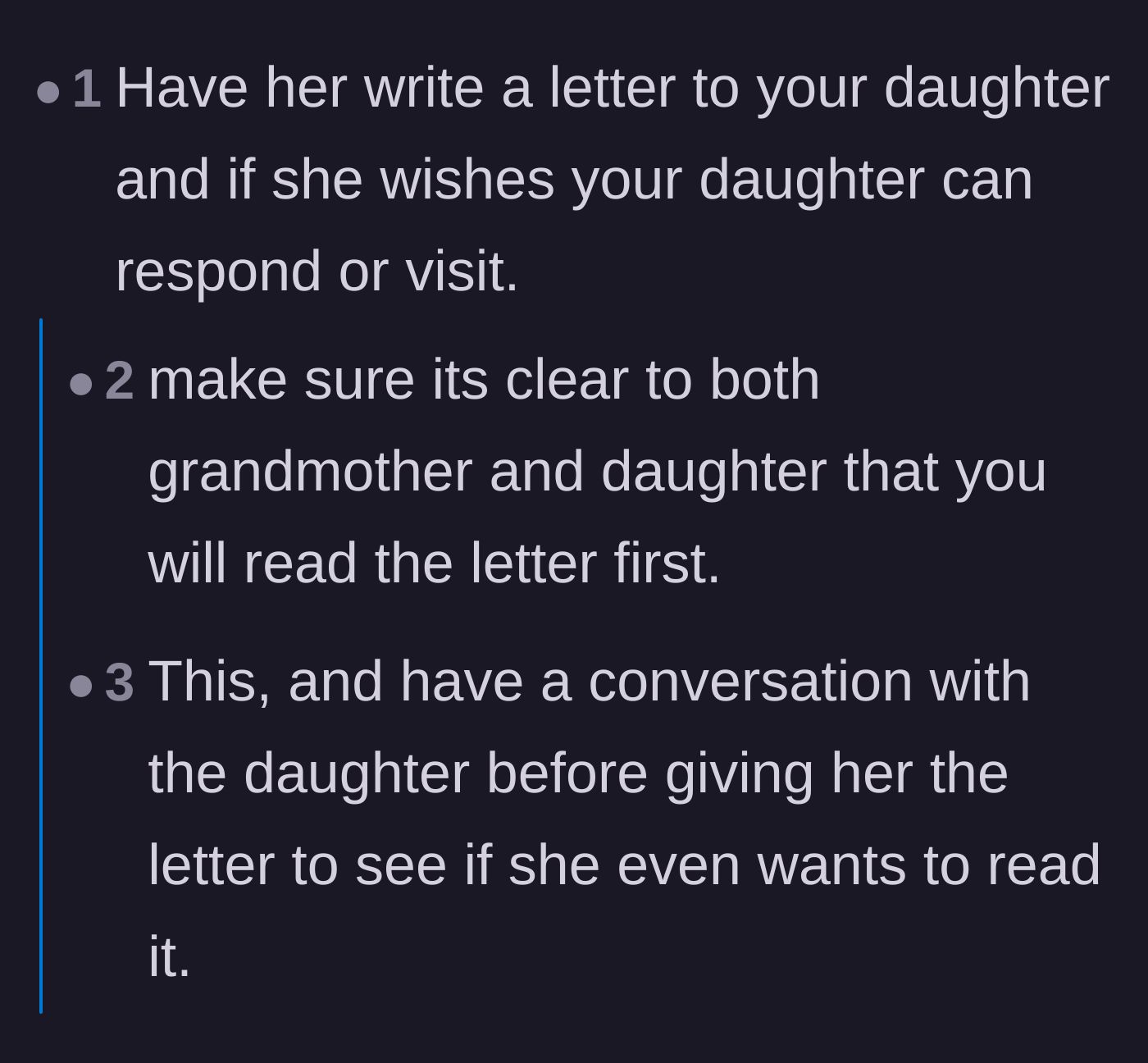 Comment thread 3 - A suggestion to have the grandmother write a screened letter instead of an in-person visit.