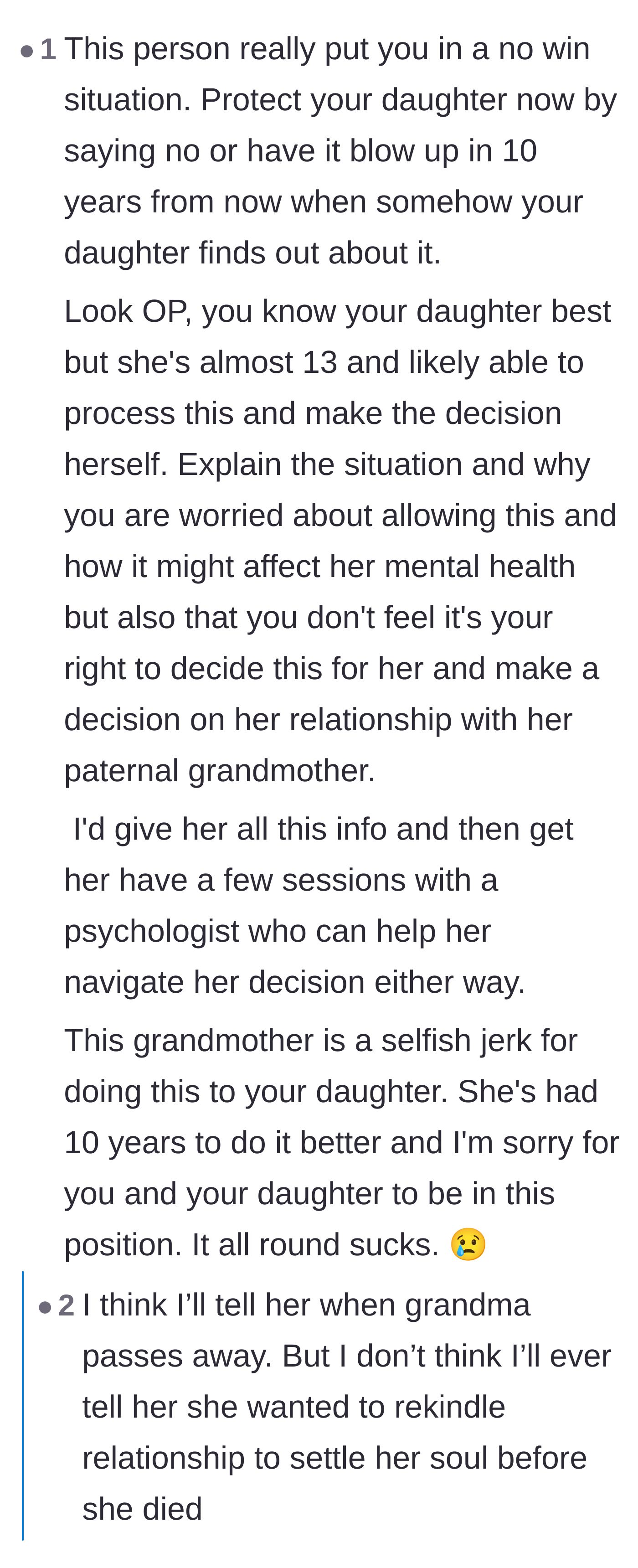 Comment thread 6 - An emotional plea urging the mother not to lie by omission about the grandmother's final wish.