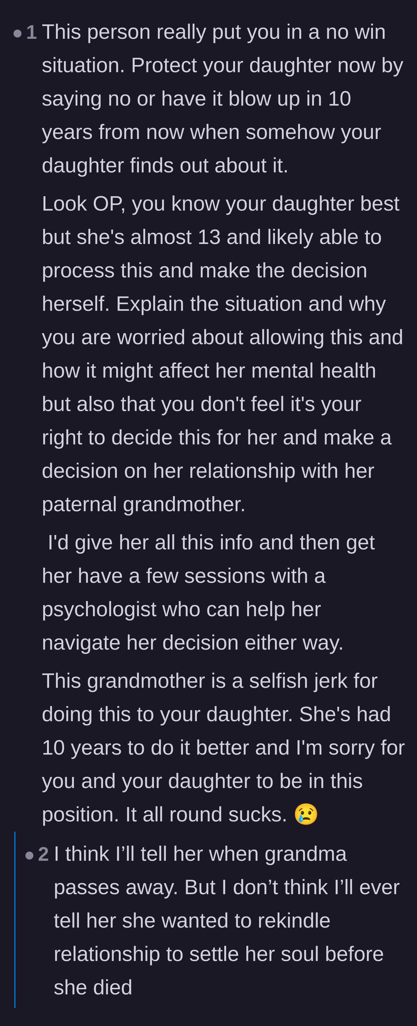 Comment thread 6 - An emotional plea urging the mother not to lie by omission about the grandmother's final wish.