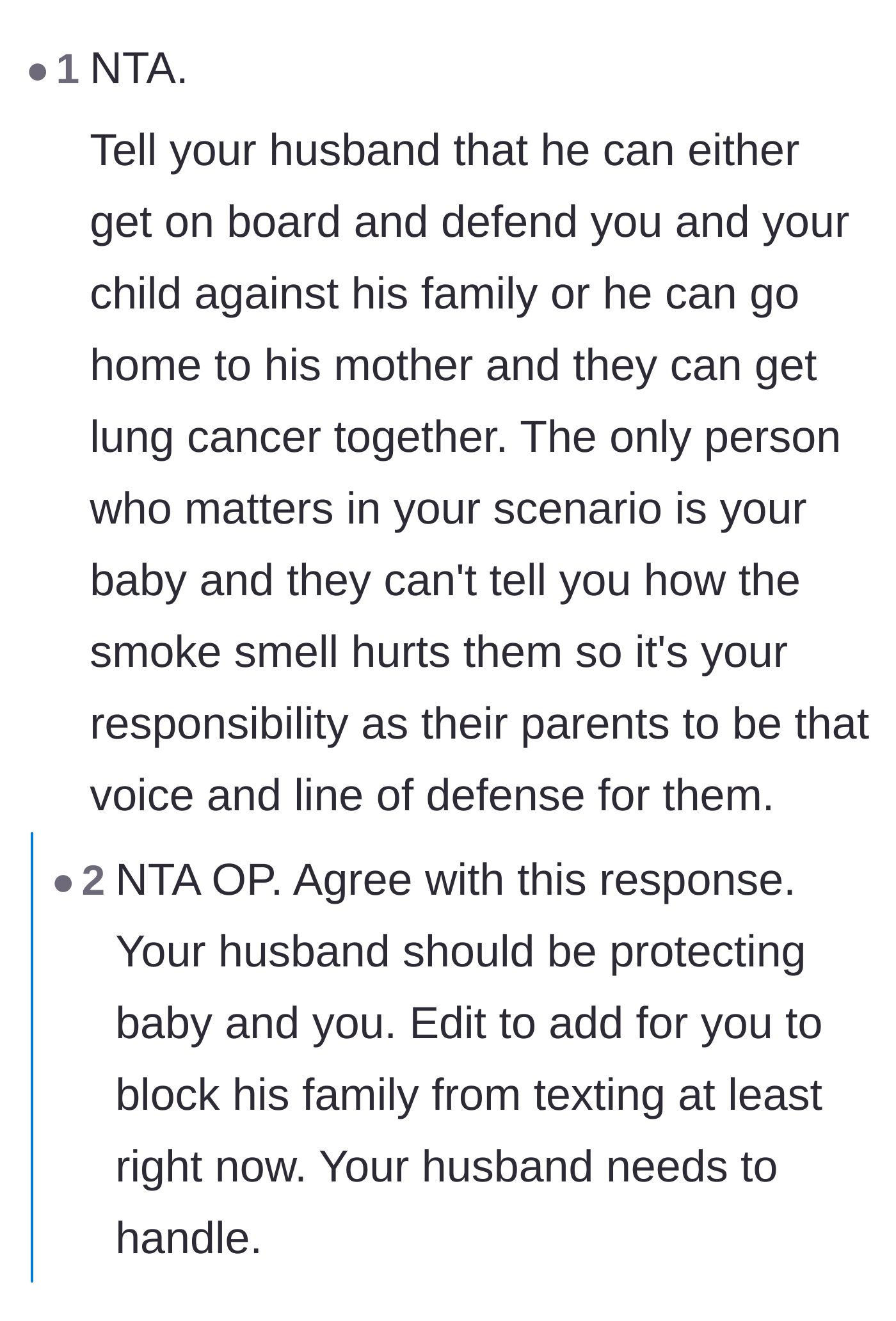 Comment thread 1 - Advice on the husband's responsibility to his family and the dangers of nicotine transfer via skin contact