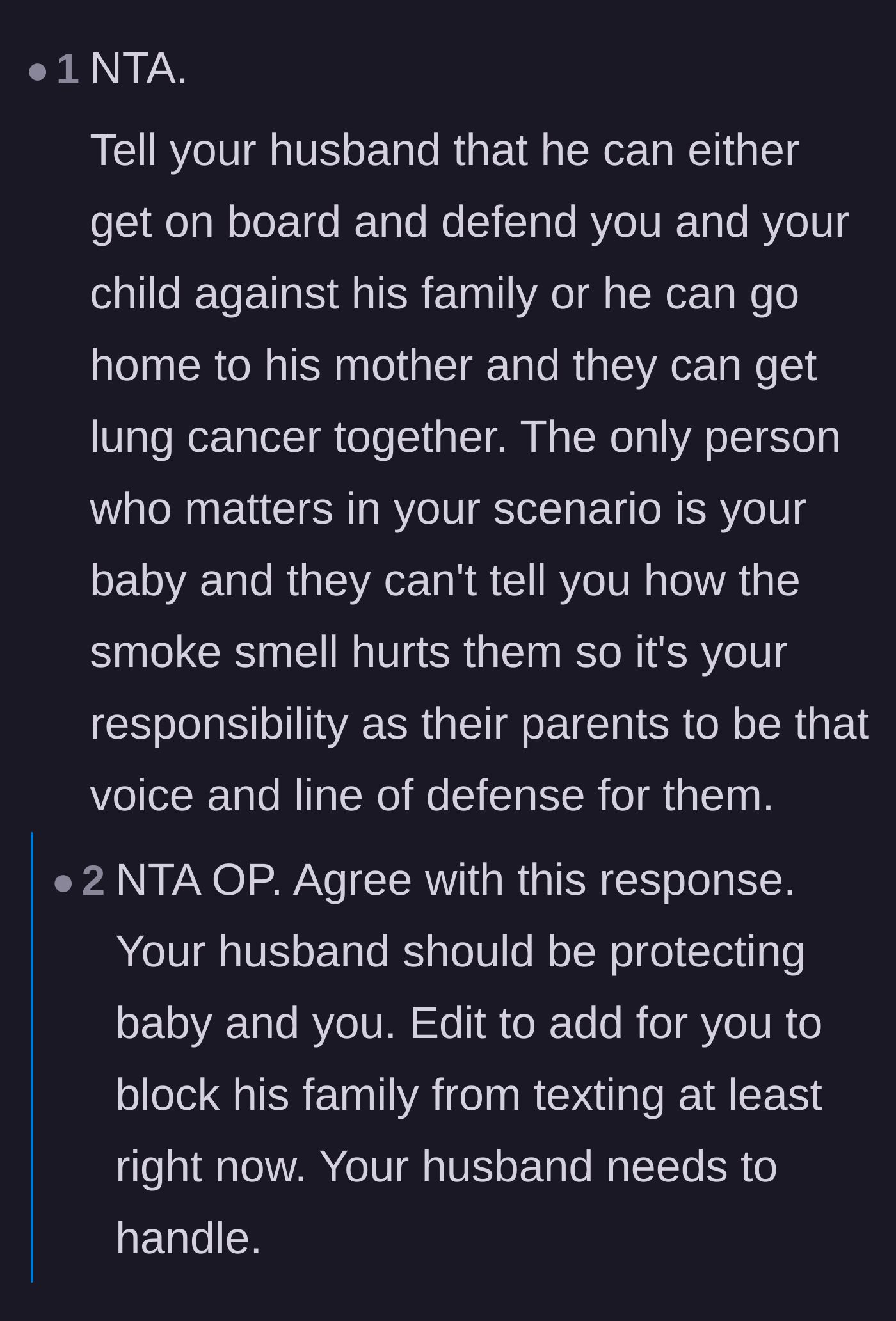 Comment thread 1 - Advice on the husband's responsibility to his family and the dangers of nicotine transfer via skin contact