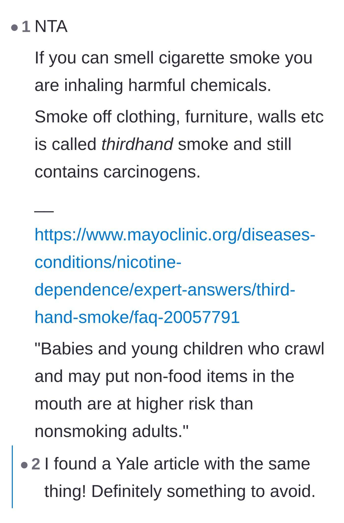 Comment thread 4 - Links to the Mayo Clinic explaining that smelling smoke means inhaling harmful carcinogens