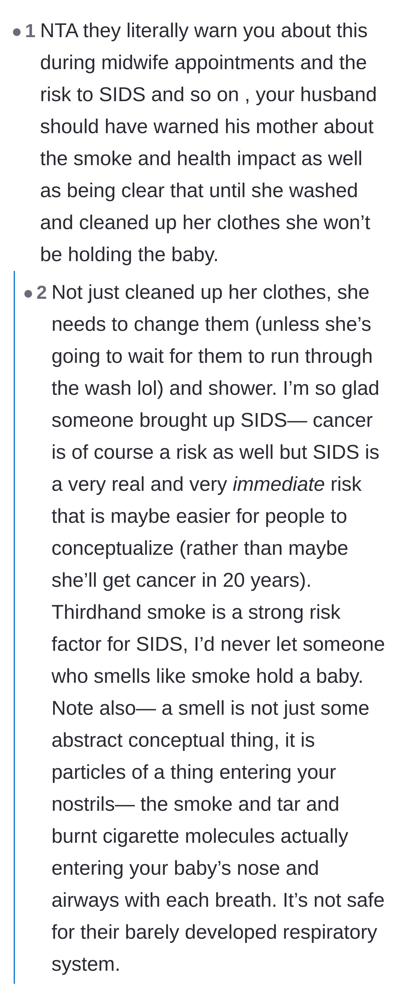 Comment thread 5 - Reminders that medical professionals heavily warn about third-hand smoke as a major risk factor for SIDS