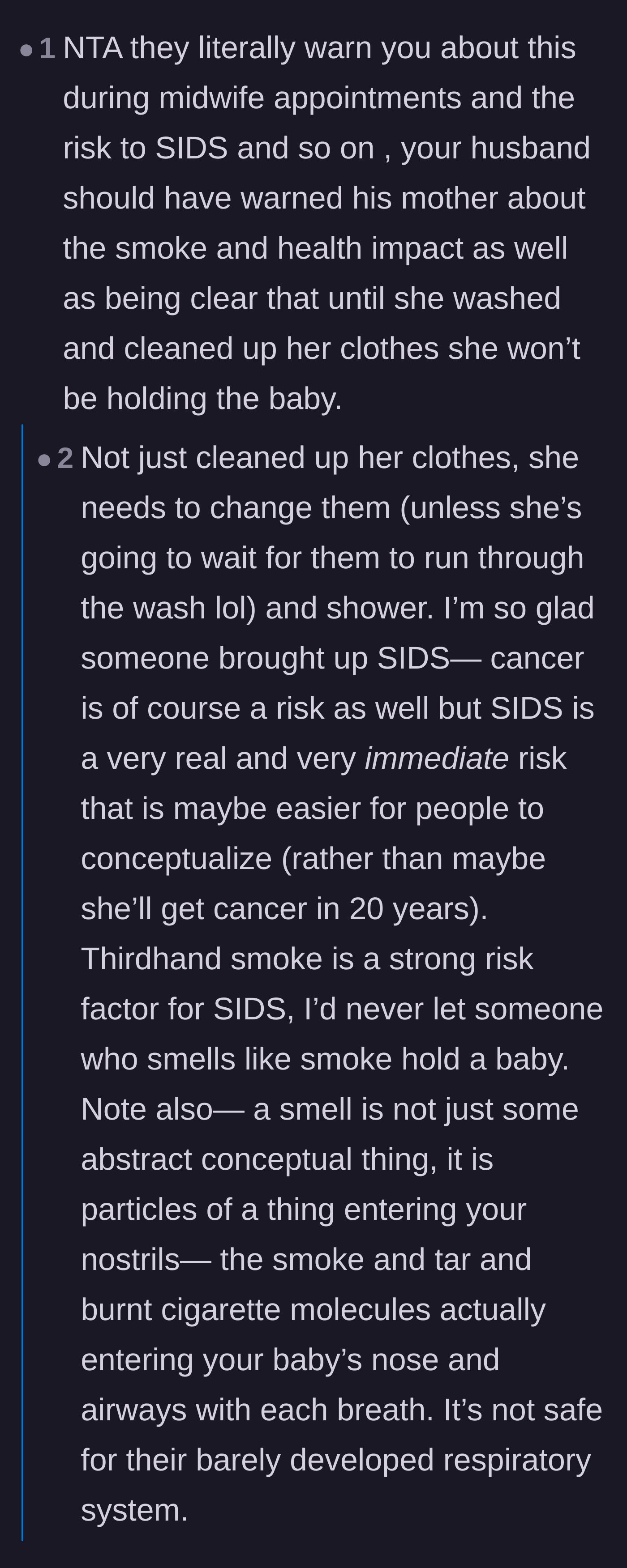 Comment thread 5 - Reminders that medical professionals heavily warn about third-hand smoke as a major risk factor for SIDS