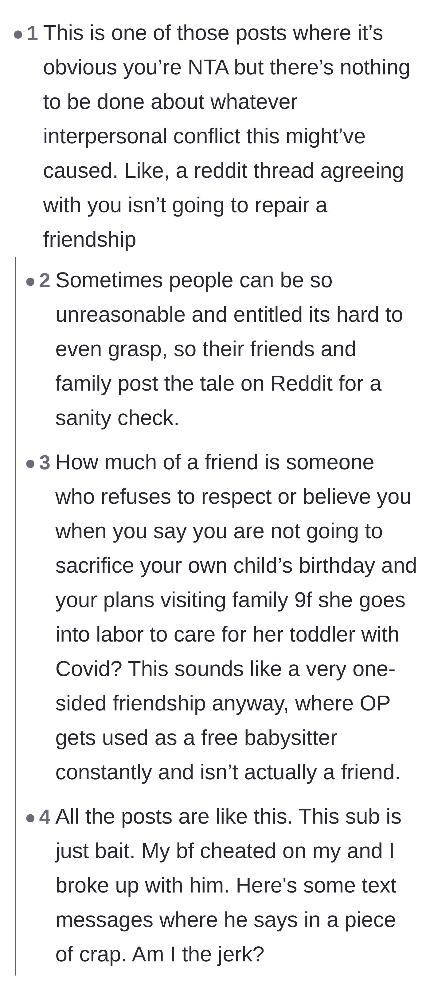 Comment thread 3 - Discussion on how setting this boundary likely ended the friendship for good, despite the main character being completely right.