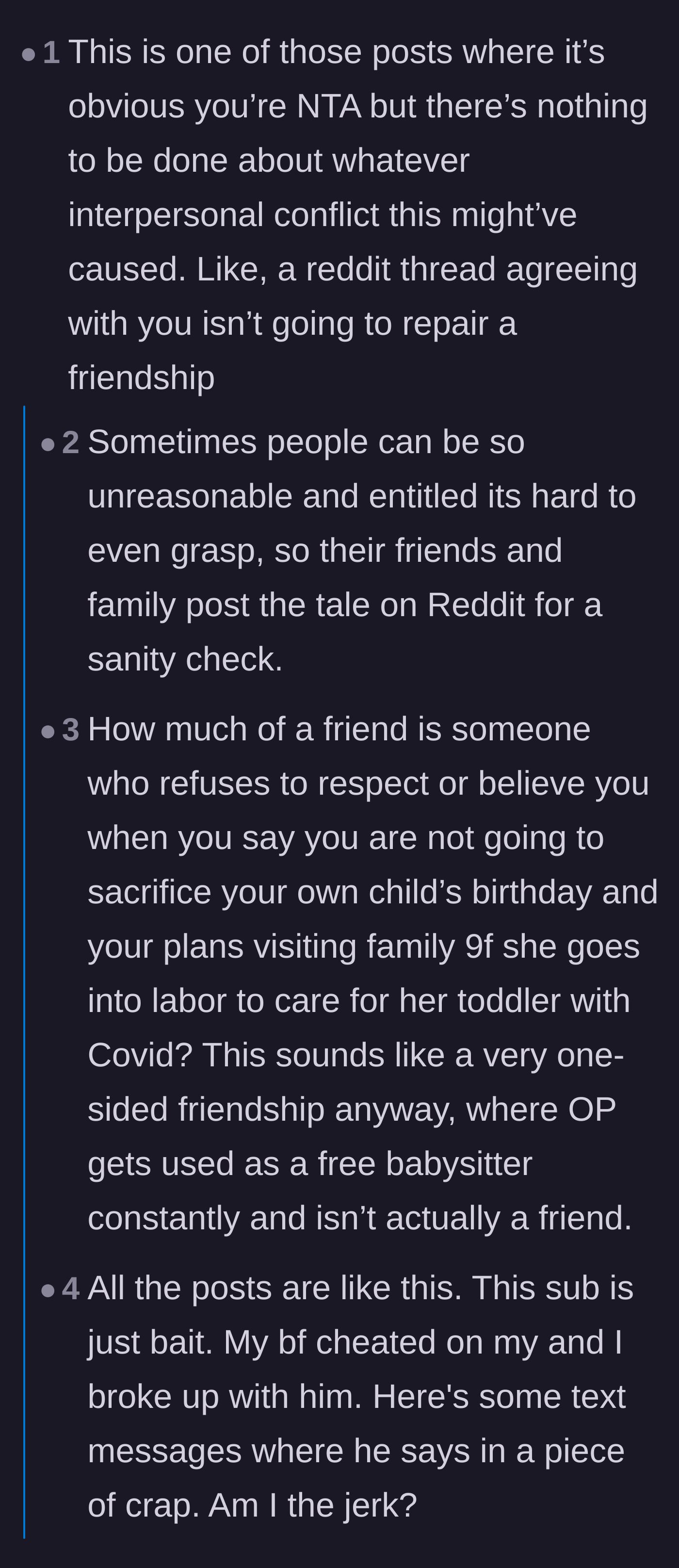 Comment thread 3 - Discussion on how setting this boundary likely ended the friendship for good, despite the main character being completely right.