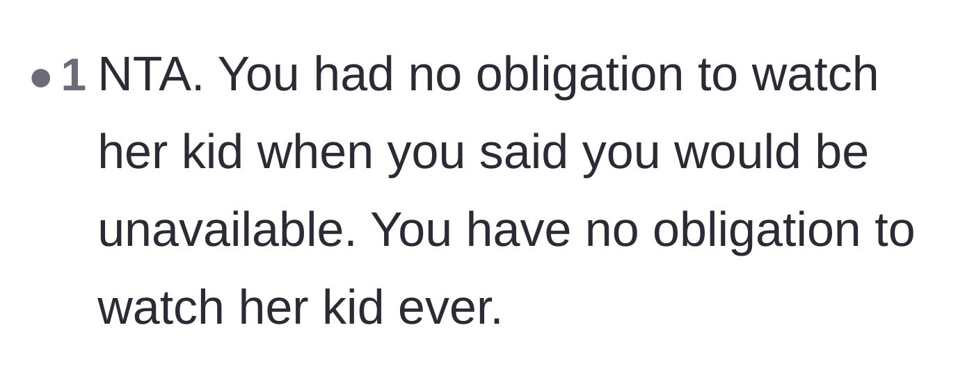 Comment thread 5 - A straightforward verdict that nobody is ever obligated to provide free childcare.