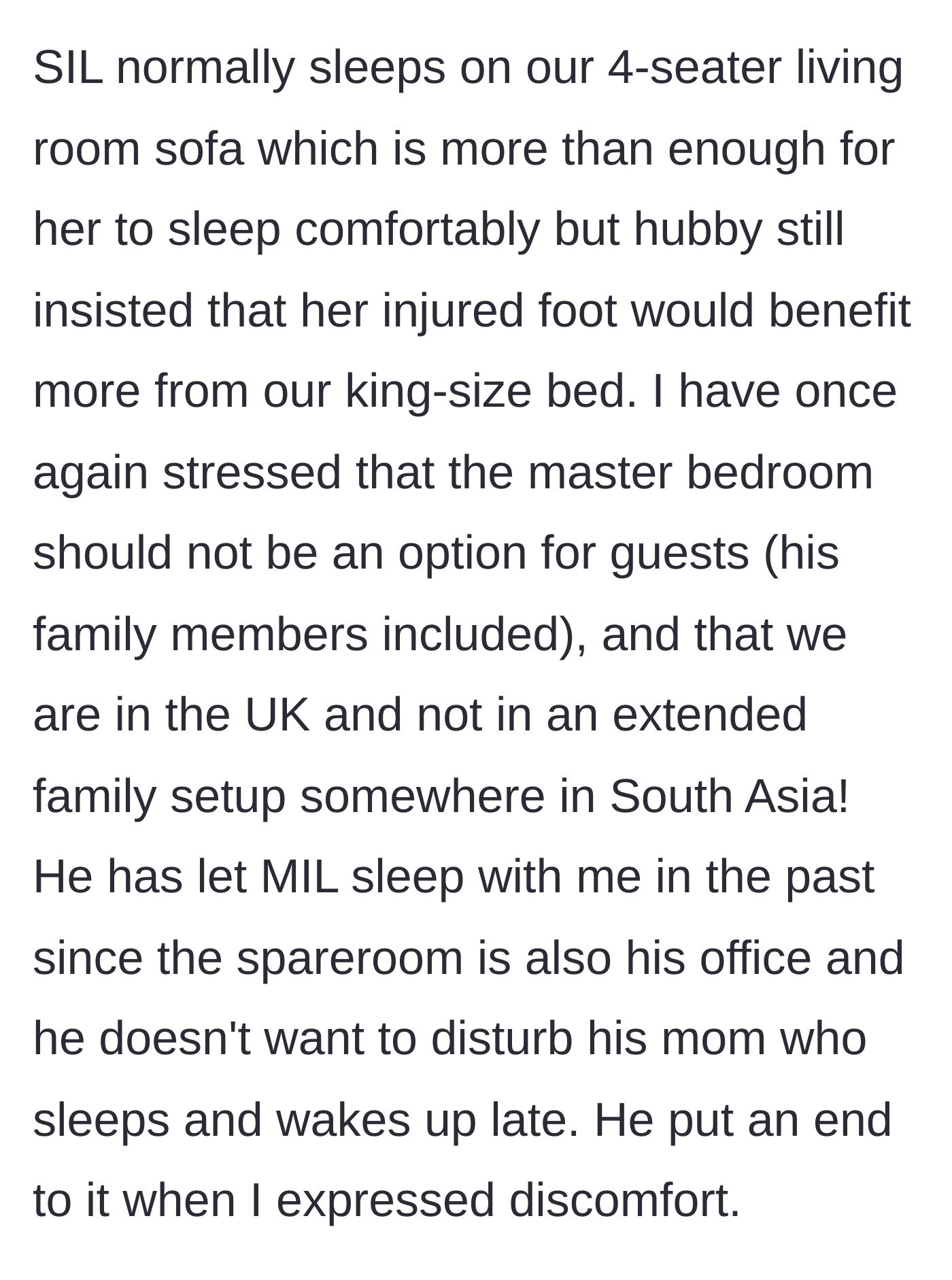 Story part 3 - The mother recounting past boundary-crossing where the mother-in-law slept in her bed, and her firm stance against treating the master bedroom as a guest room.