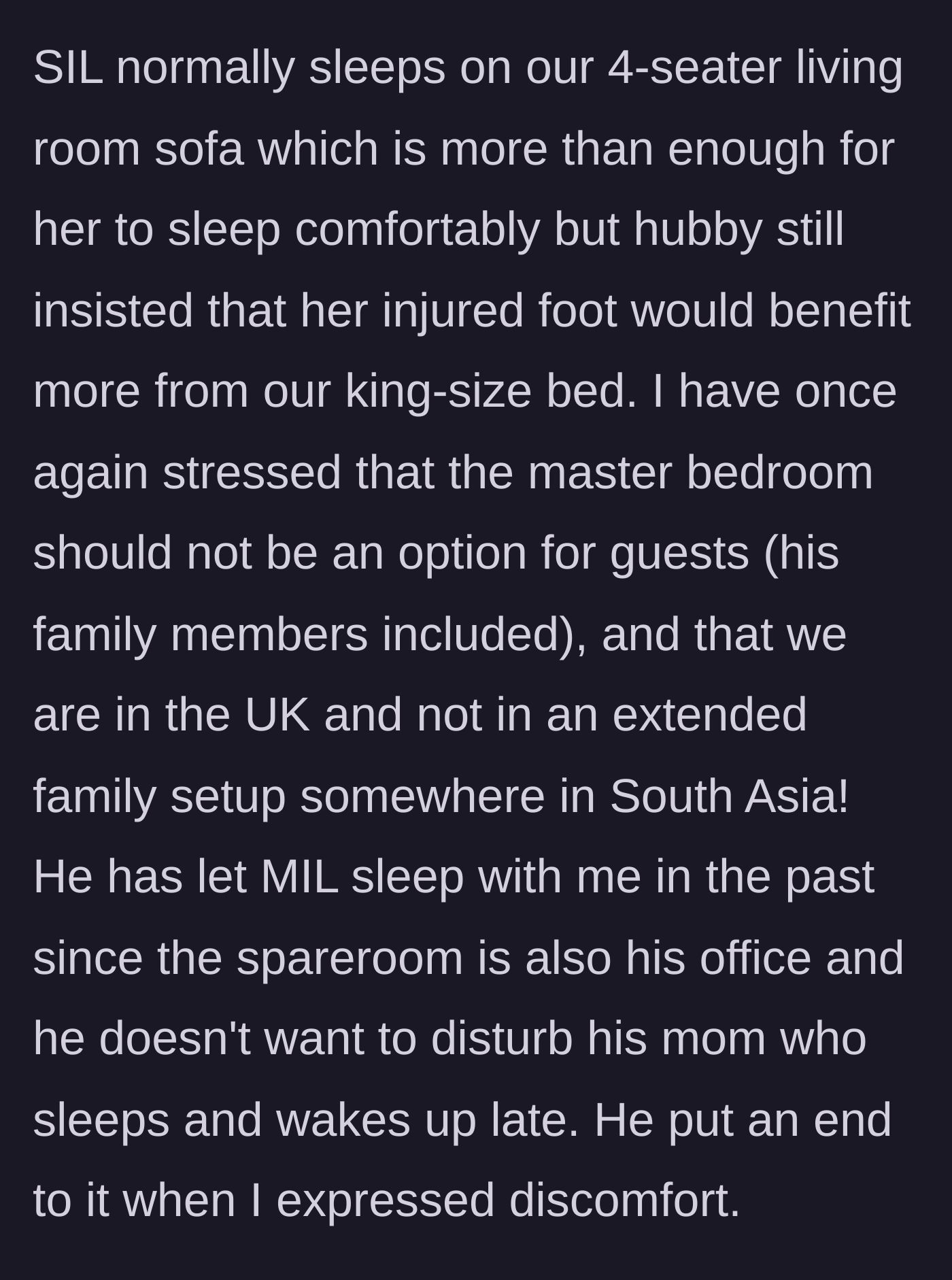 Story part 3 - The mother recounting past boundary-crossing where the mother-in-law slept in her bed, and her firm stance against treating the master bedroom as a guest room.