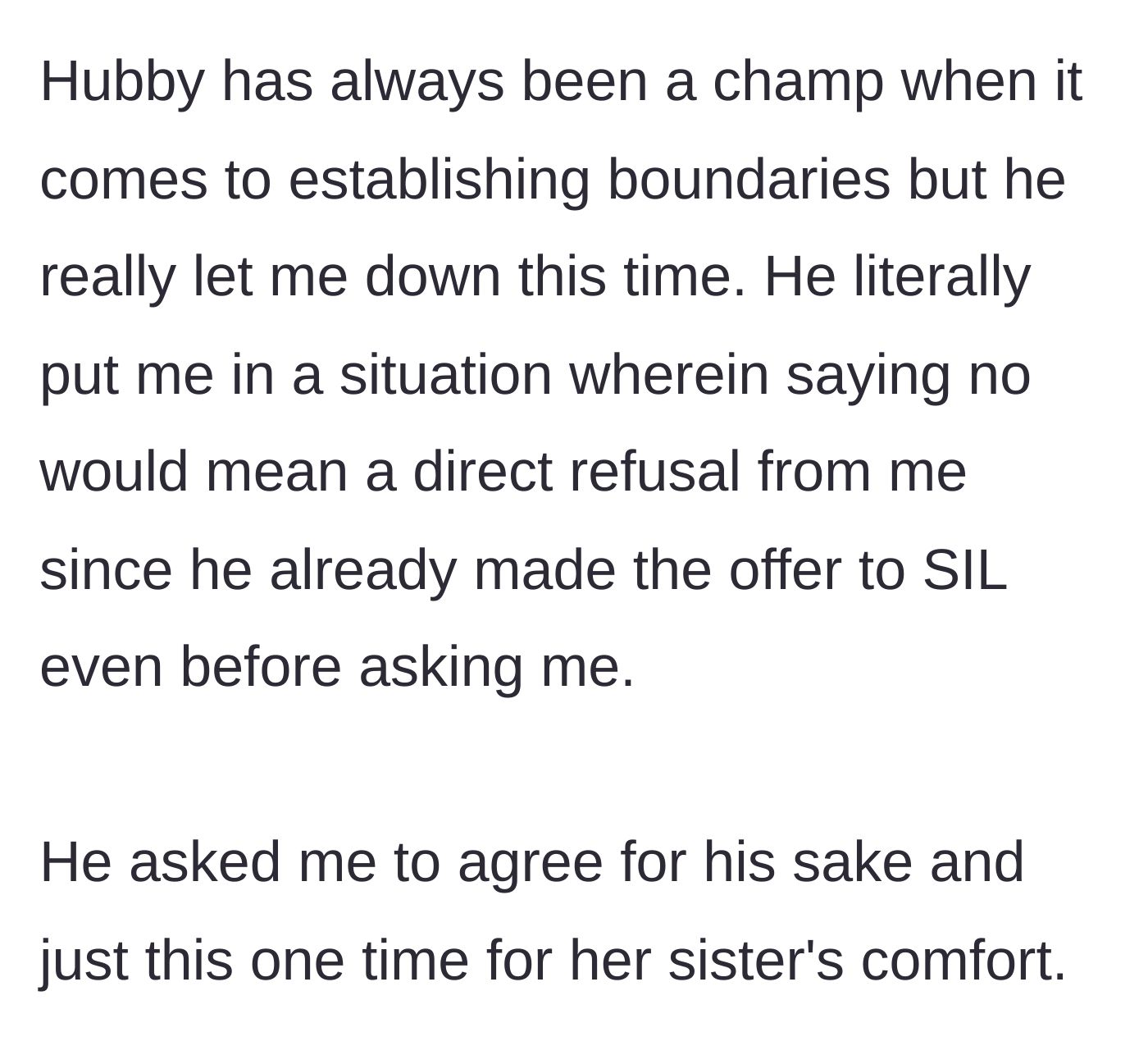 Story part 4 - The husband manipulating the situation by offering the bed before asking his wife, forcing her to be the bad guy.