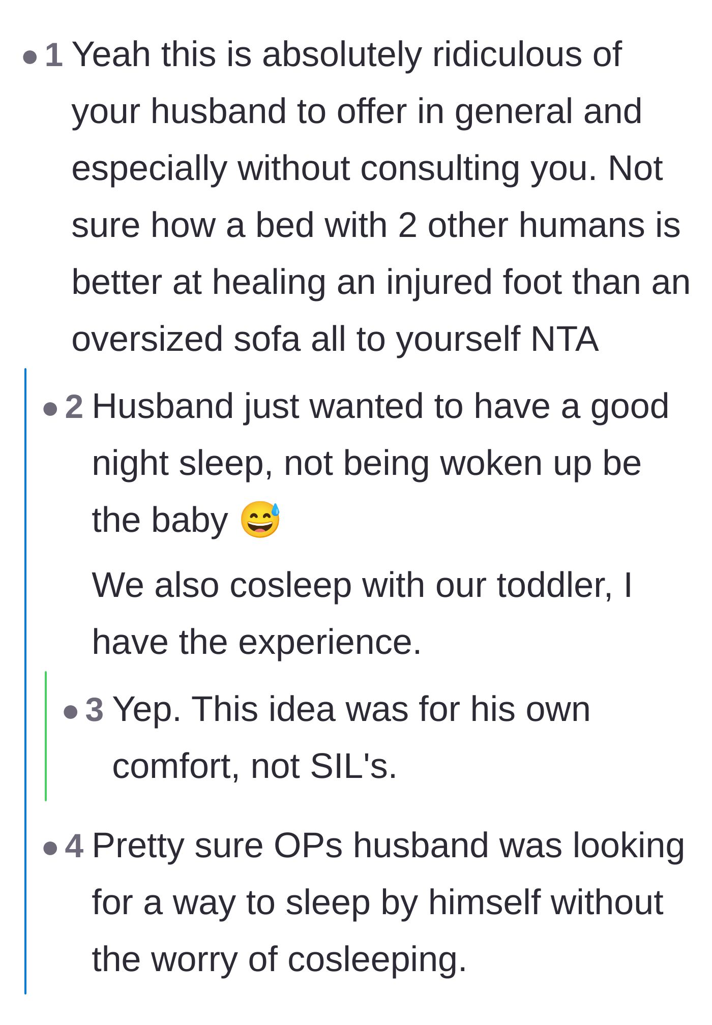 Comment thread 1 - Readers speculating that the husband's offer was actually a selfish ploy to get a full night of sleep on the couch away from the baby
