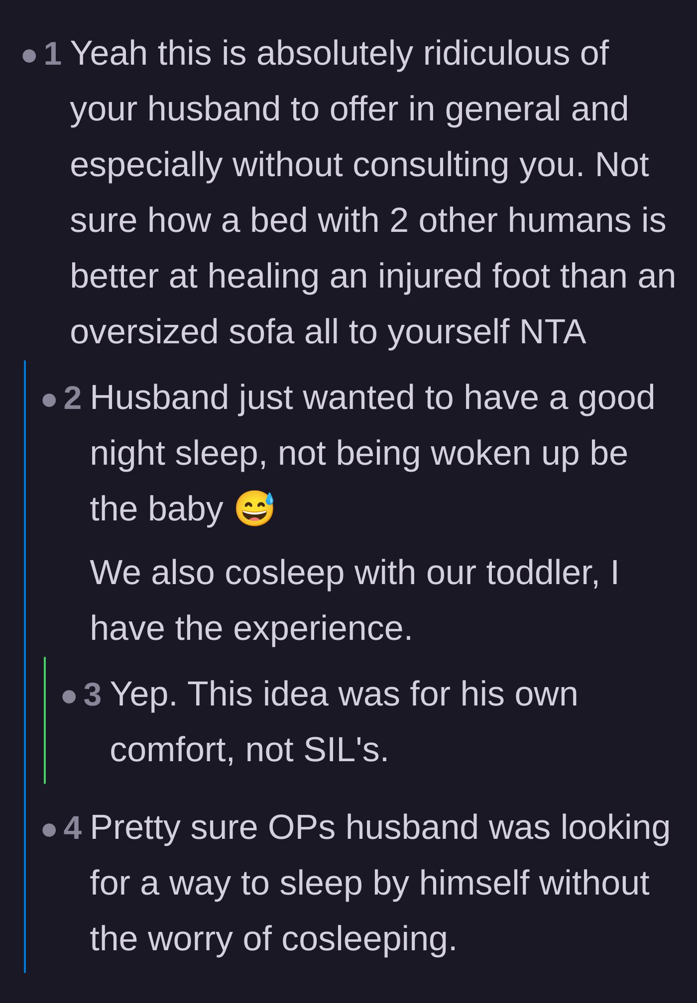 Comment thread 1 - Readers speculating that the husband's offer was actually a selfish ploy to get a full night of sleep on the couch away from the baby