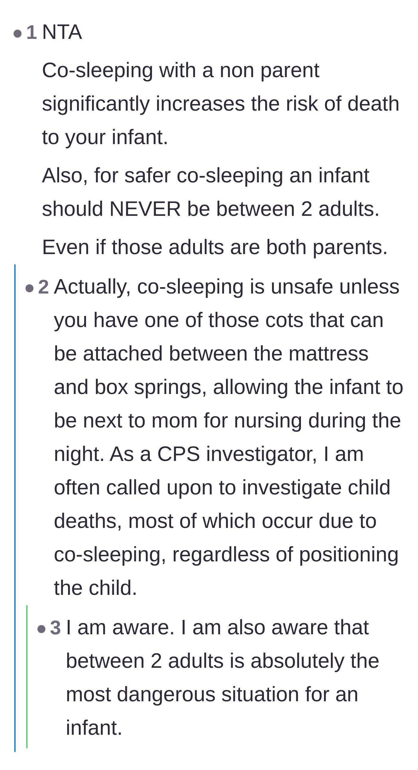 Comment thread 2 - First responders and pediatricians explaining the severe safety risks of adding another adult to a co-sleeping arrangement with an infant