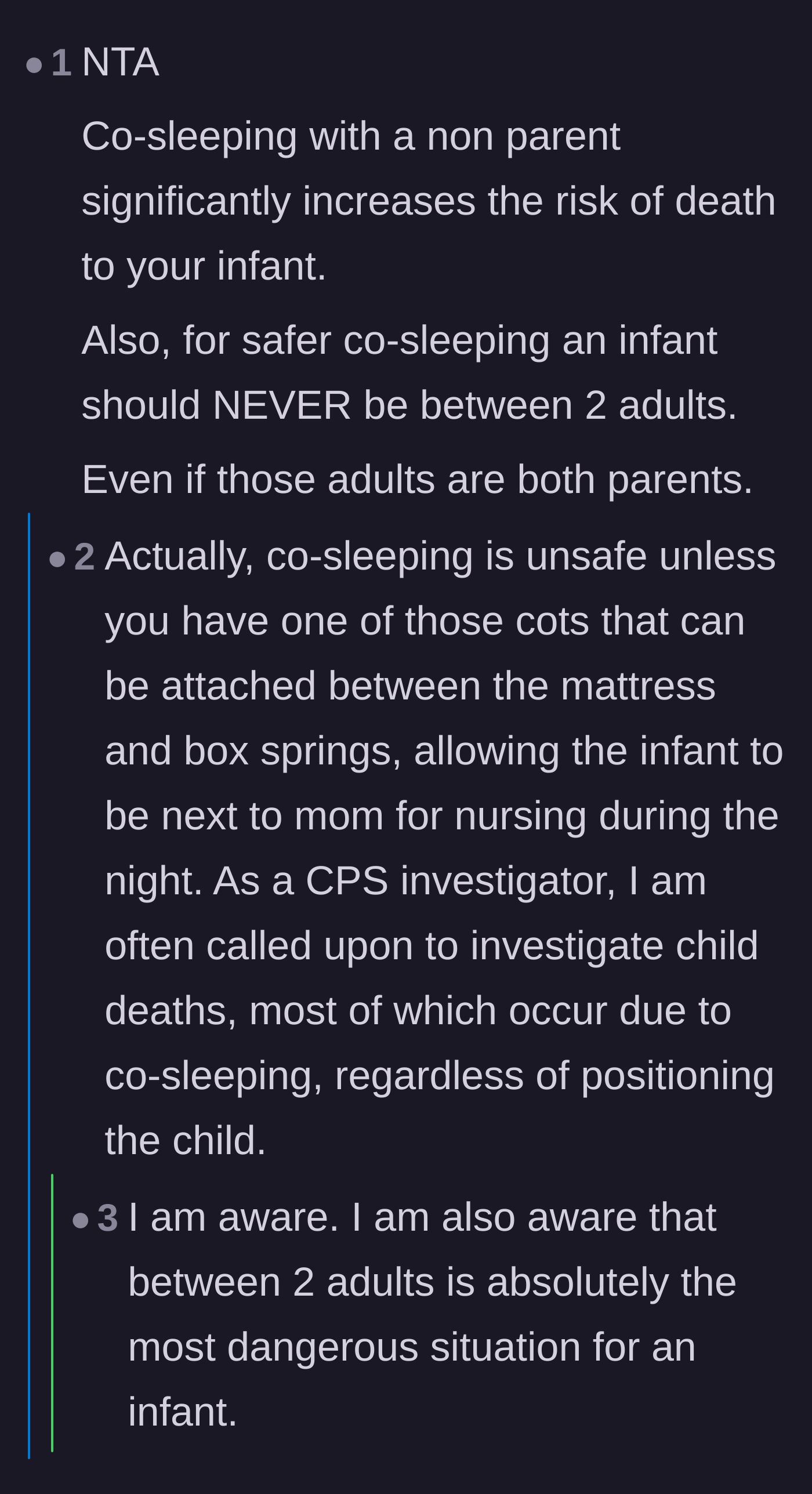 Comment thread 2 - First responders and pediatricians explaining the severe safety risks of adding another adult to a co-sleeping arrangement with an infant