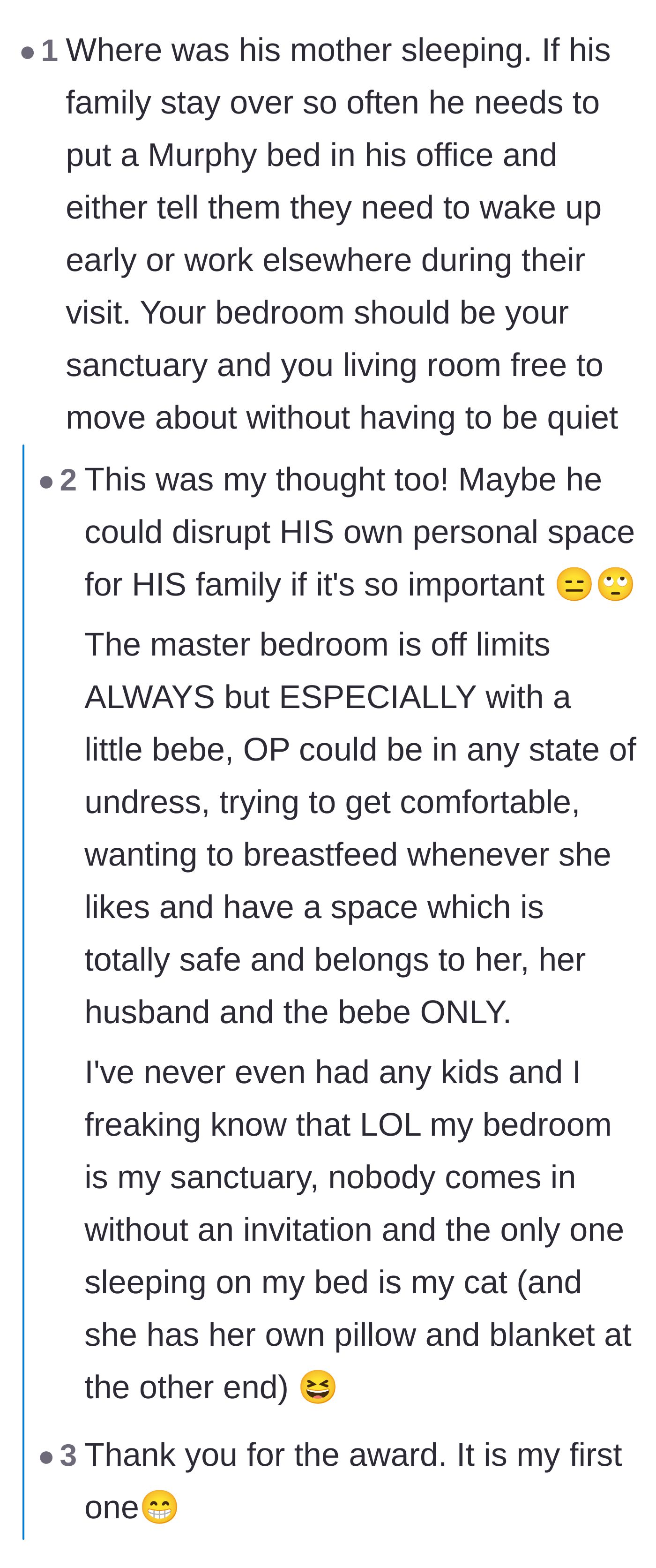 Comment thread 3 - A discussion about how the husband should sacrifice his own office space for his family instead of volunteering his wife's private bedroom sanctuary