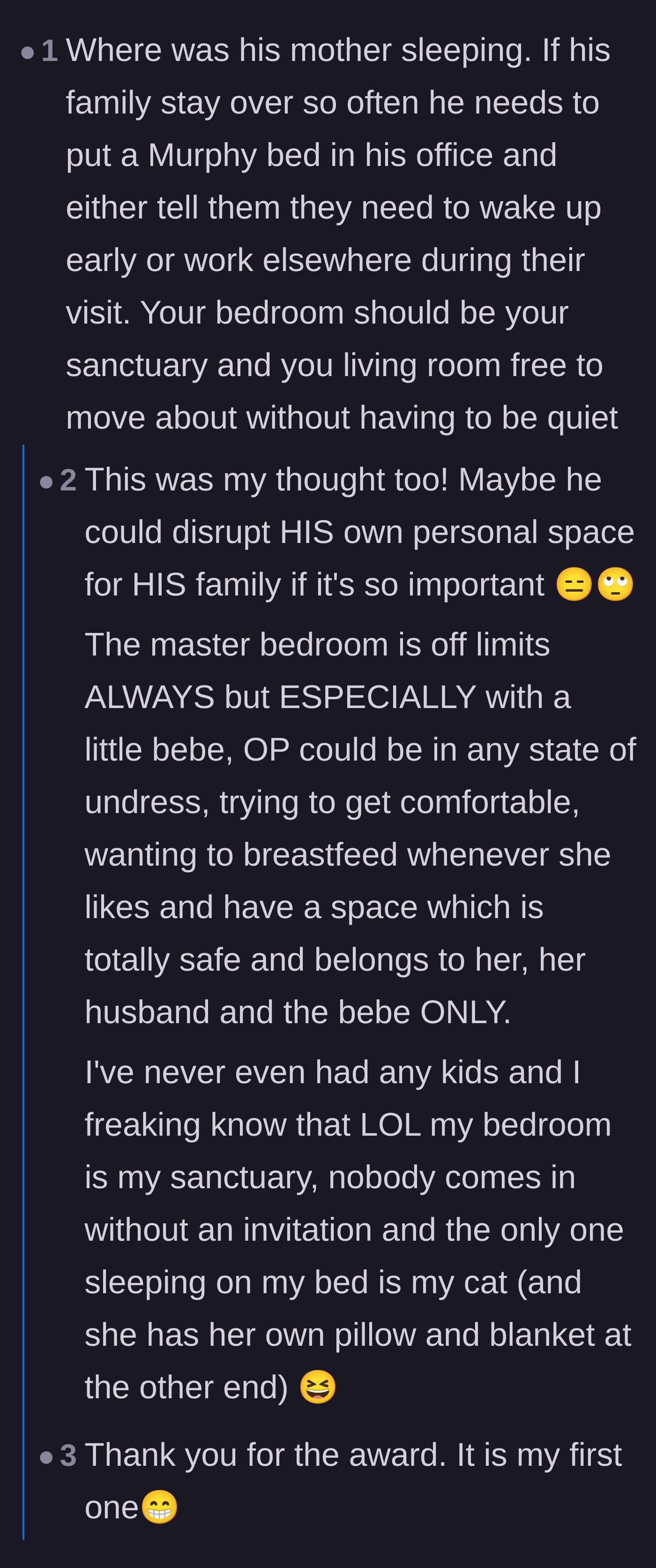 Comment thread 3 - A discussion about how the husband should sacrifice his own office space for his family instead of volunteering his wife's private bedroom sanctuary