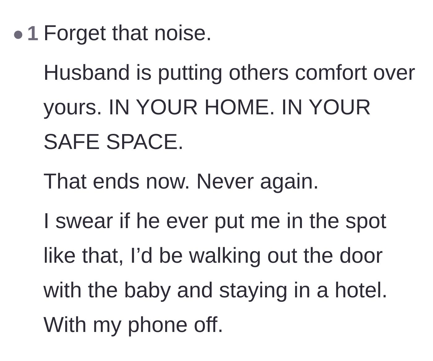 Comment thread 6 - A reader fiercely defending the wife's safe space and suggesting she take the baby to a hotel with her phone turned off