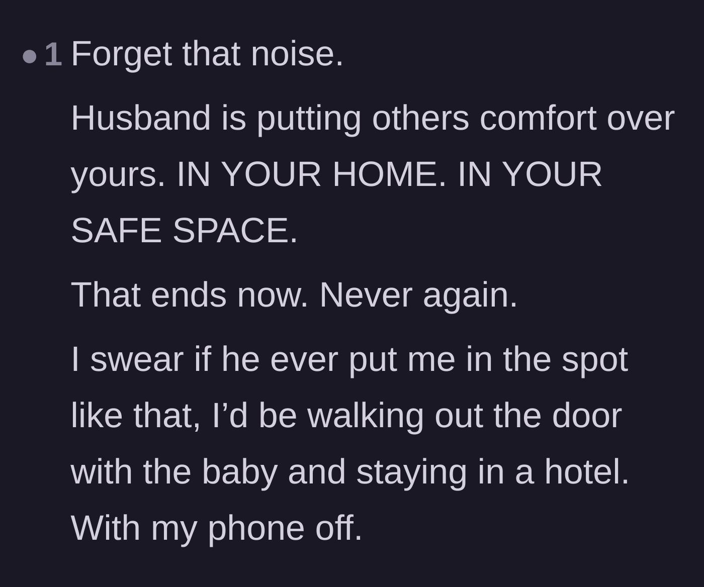 Comment thread 6 - A reader fiercely defending the wife's safe space and suggesting she take the baby to a hotel with her phone turned off