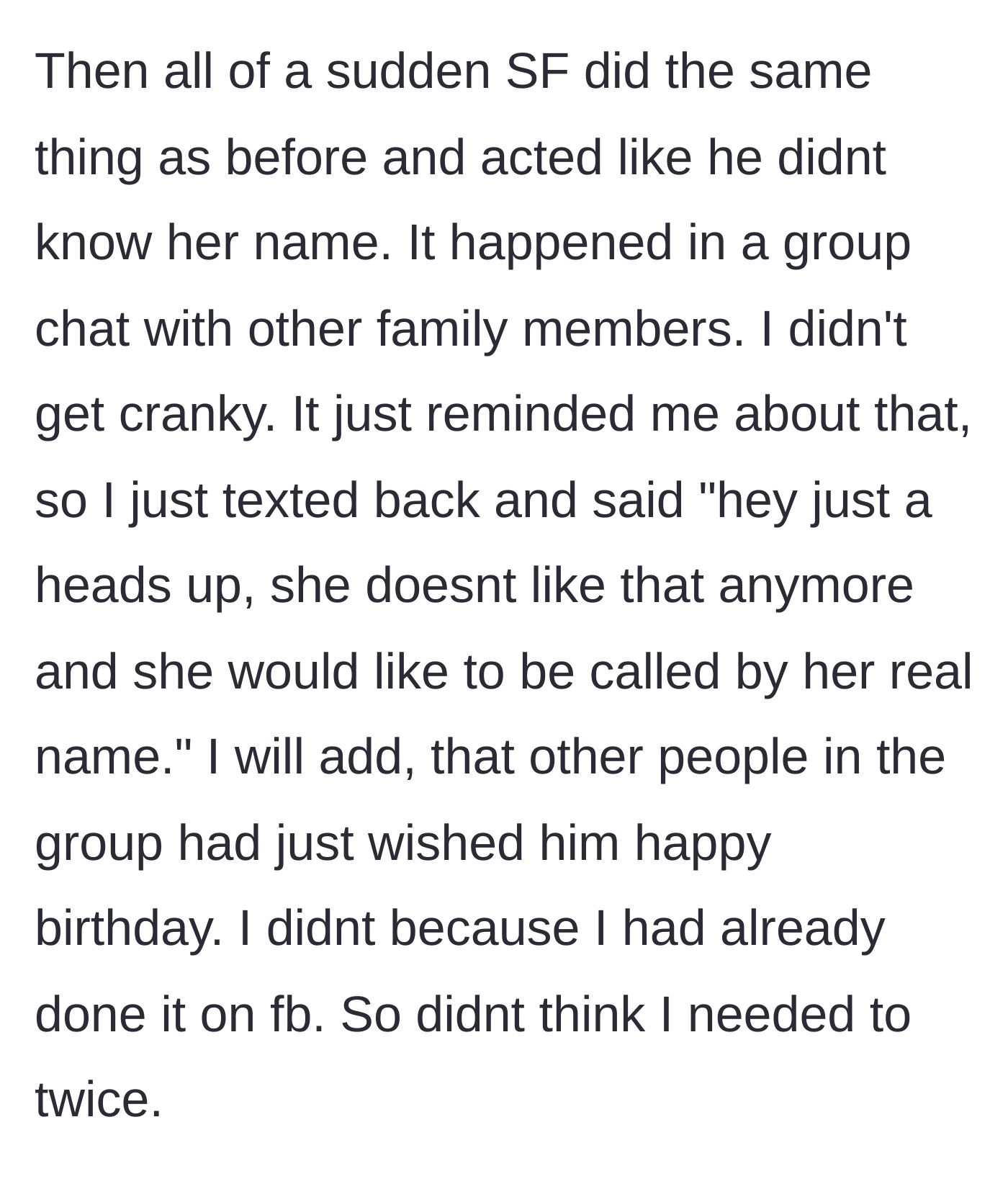 Story part 5 - The stepfather repeats his 'Who?' trick in a birthday group chat, and the mother sends a polite reminder about her daughter's boundary, skipping a redundant birthday wish.