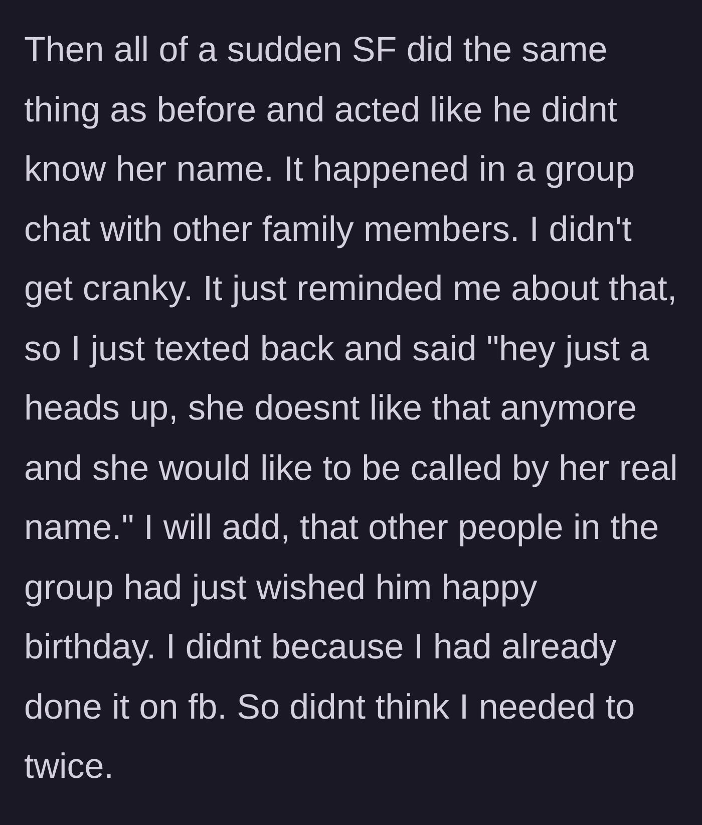Story part 5 - The stepfather repeats his 'Who?' trick in a birthday group chat, and the mother sends a polite reminder about her daughter's boundary, skipping a redundant birthday wish.