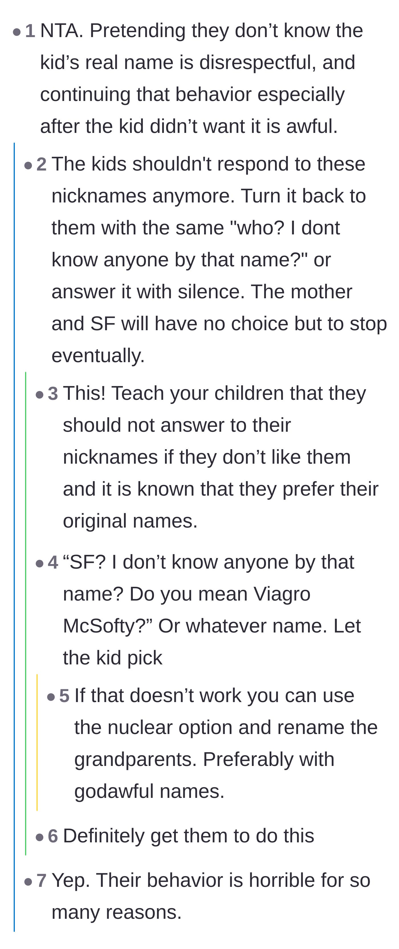 Comment thread 2 - A discussion on empowering the children to ignore their nicknames and retaliating by giving the grandparents disrespectful names.