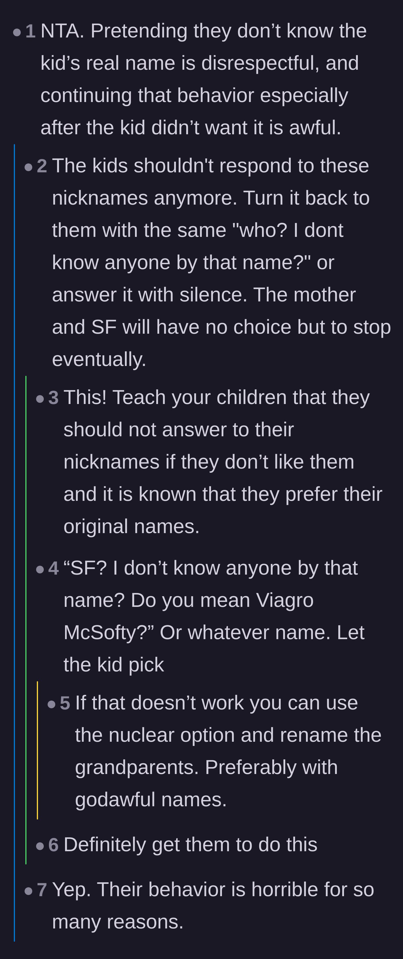 Comment thread 2 - A discussion on empowering the children to ignore their nicknames and retaliating by giving the grandparents disrespectful names.