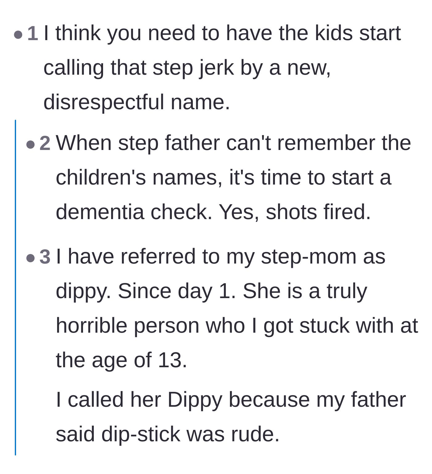 Comment thread 4 - A thread suggesting aggressive retaliation, including fake dementia checks and giving the stepfather an insulting moniker.