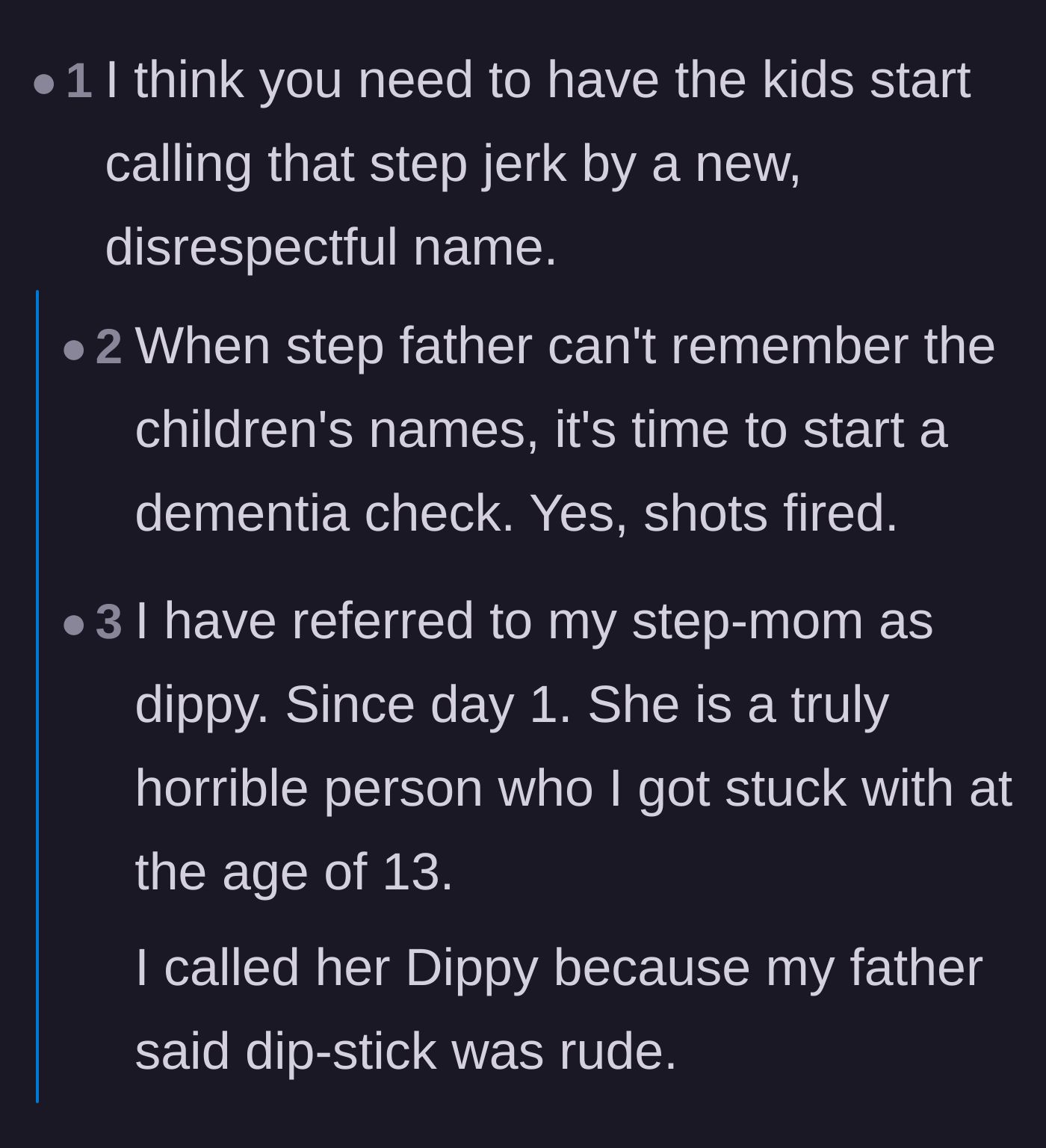 Comment thread 4 - A thread suggesting aggressive retaliation, including fake dementia checks and giving the stepfather an insulting moniker.