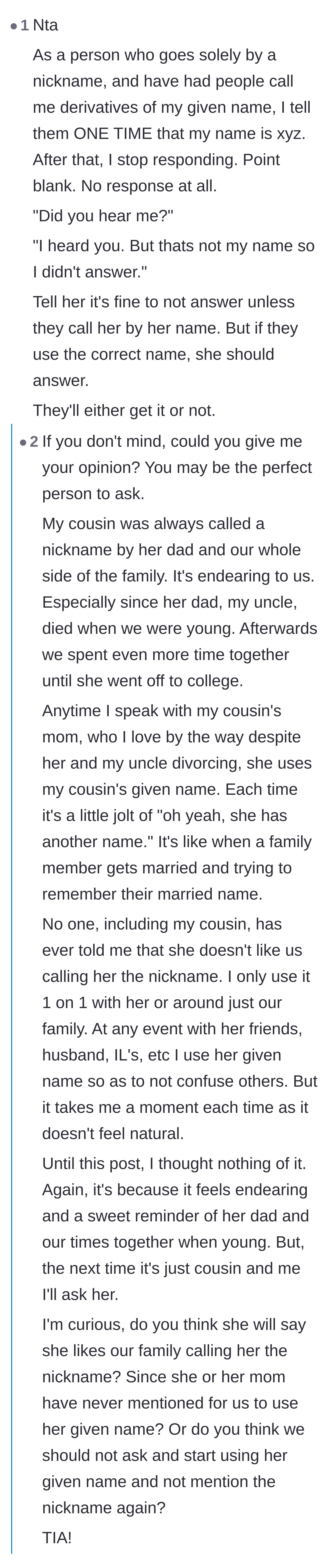 Comment thread 5 - A user who goes by a nickname shares their strategy of ignoring incorrect names, leading into a side conversation about family traditions.