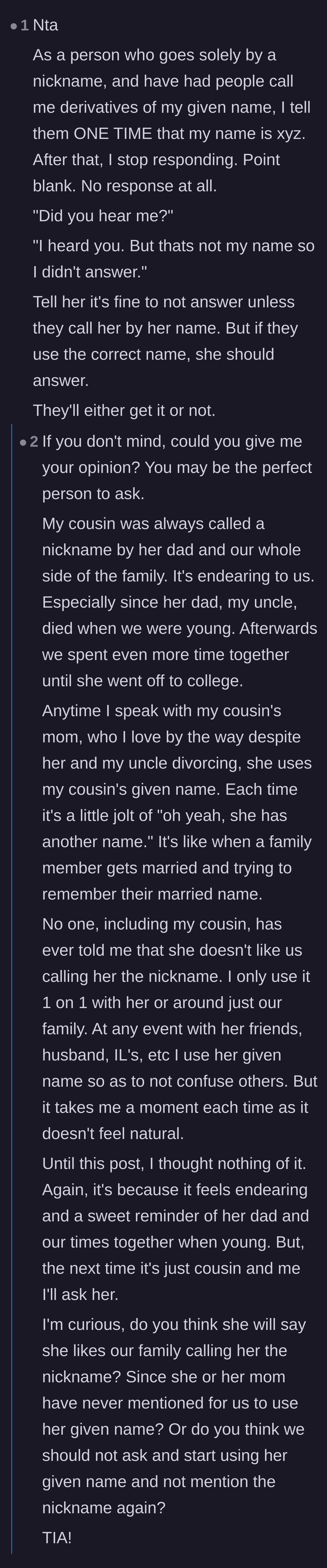 Comment thread 5 - A user who goes by a nickname shares their strategy of ignoring incorrect names, leading into a side conversation about family traditions.