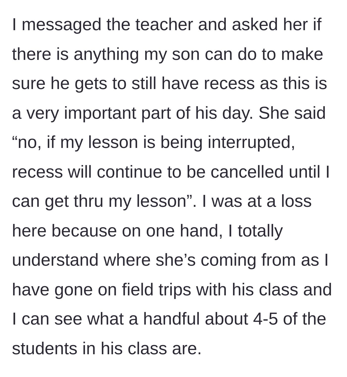 Story part 3 - The mother messages the teacher but receives a rigid refusal to exempt her well-behaved son.