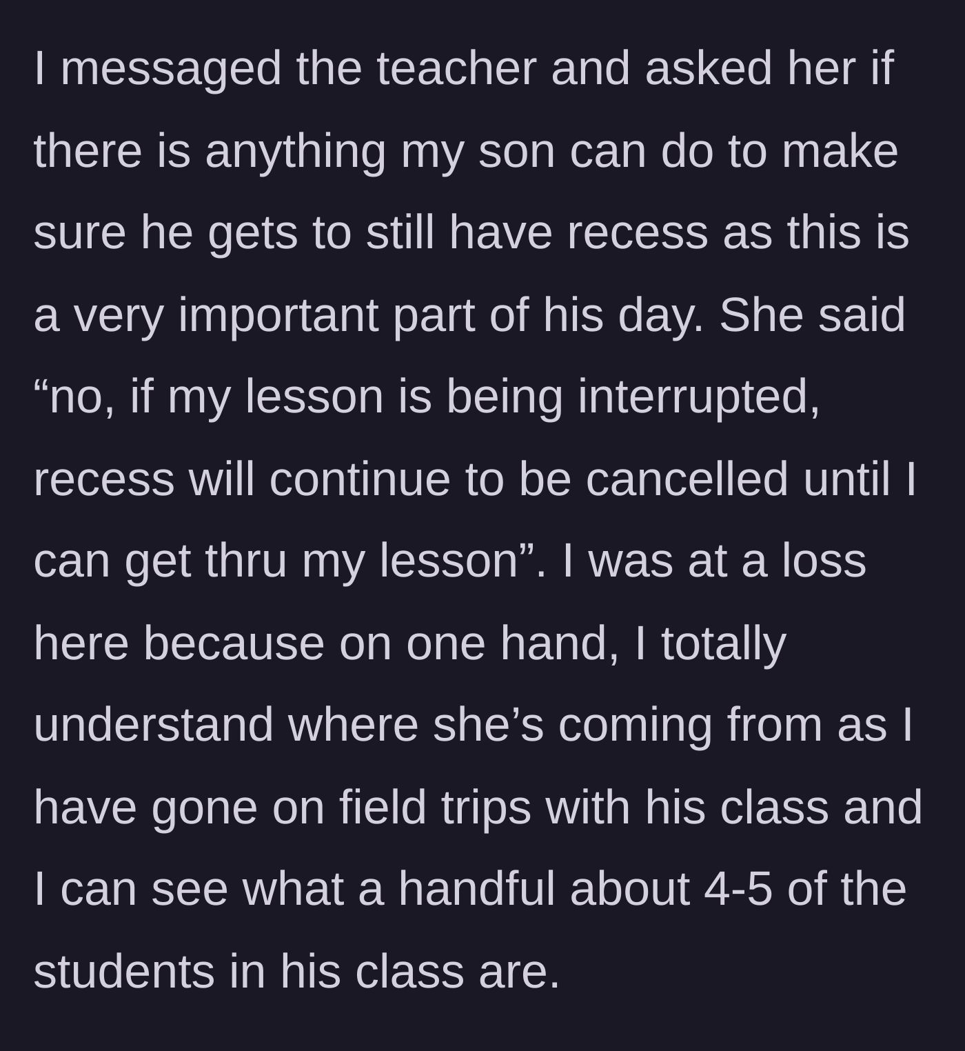 Story part 3 - The mother messages the teacher but receives a rigid refusal to exempt her well-behaved son.