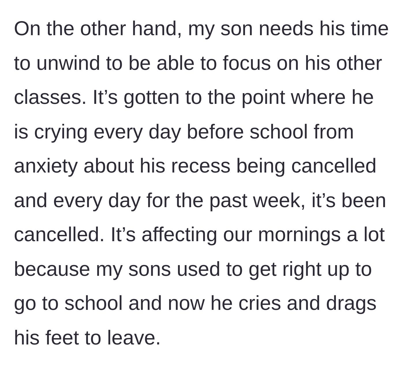 Story part 4 - The son develops severe morning anxiety and cries daily over losing his recess.