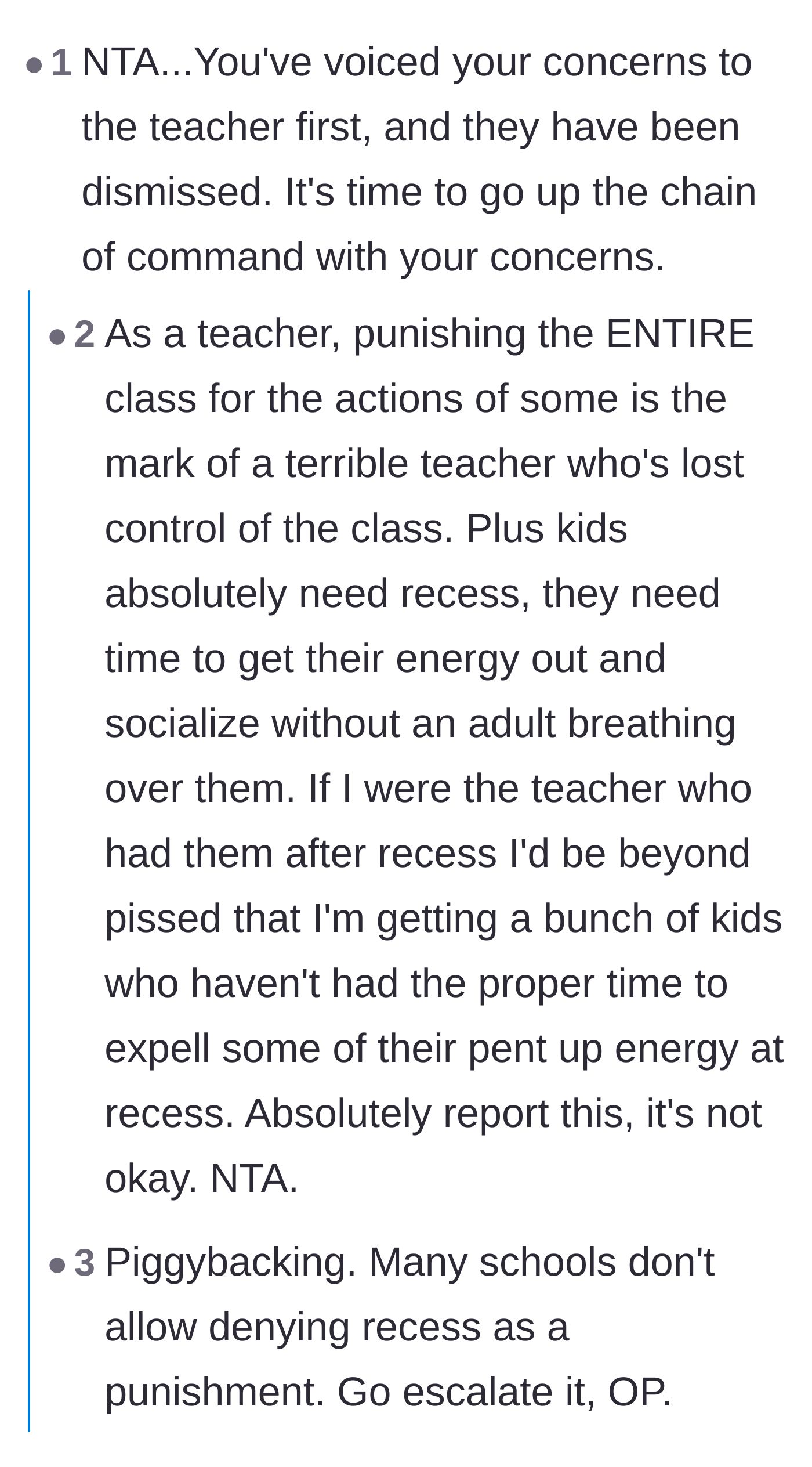 Comment thread 1 - Teachers in the comments criticizing the collective punishment and validating the mother's need to escalate.