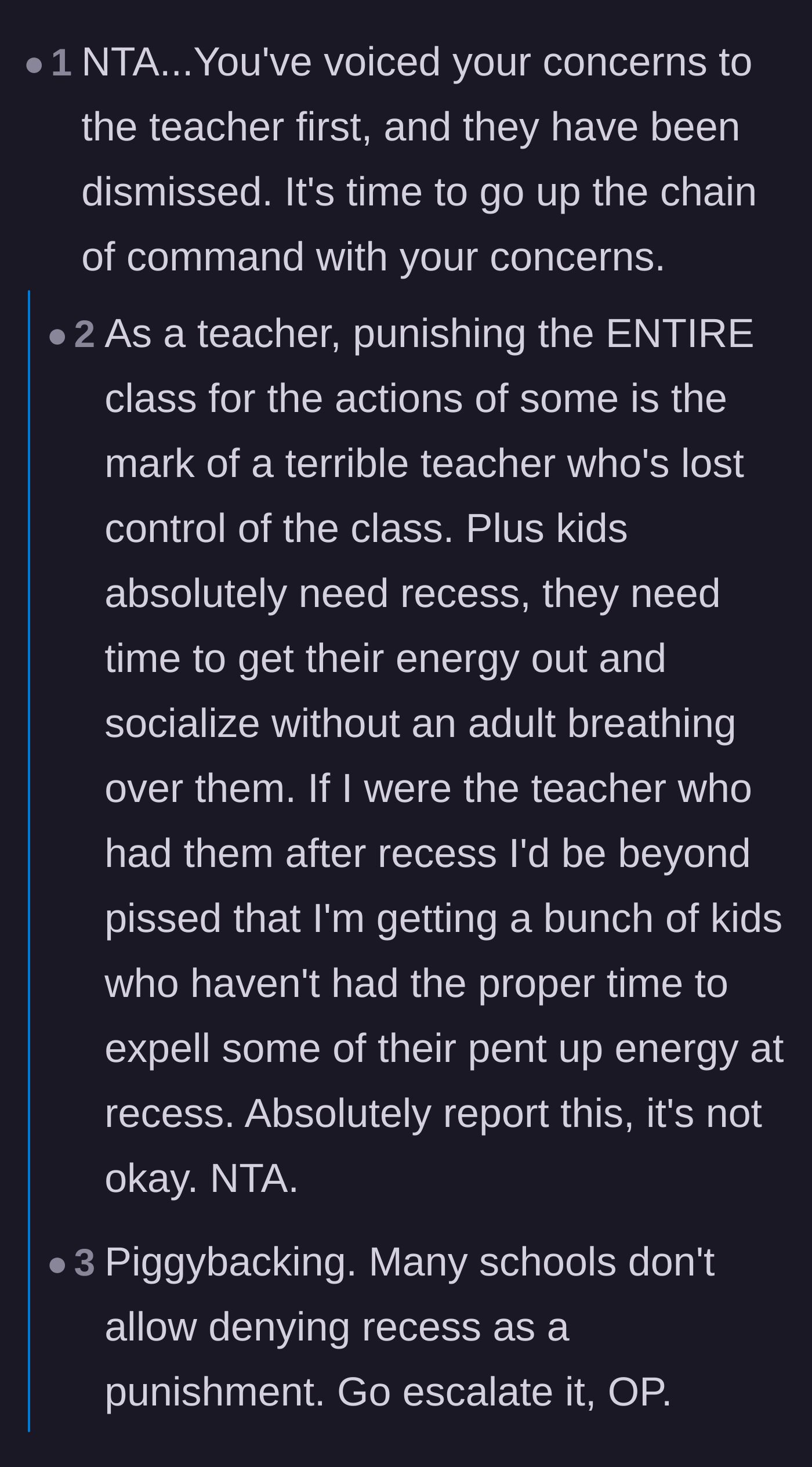 Comment thread 1 - Teachers in the comments criticizing the collective punishment and validating the mother's need to escalate.