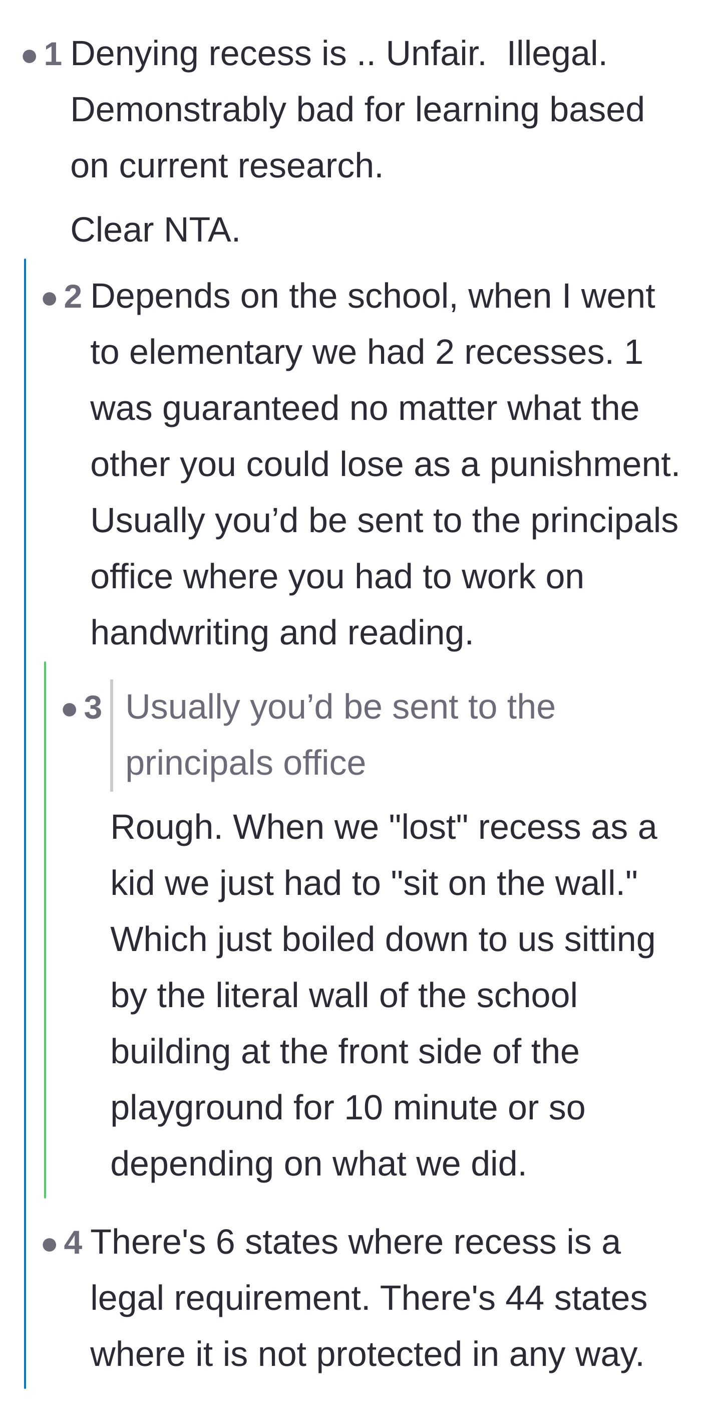 Comment thread 2 - Commenters discussing the illegality and unfairness of denying recess based on current research.