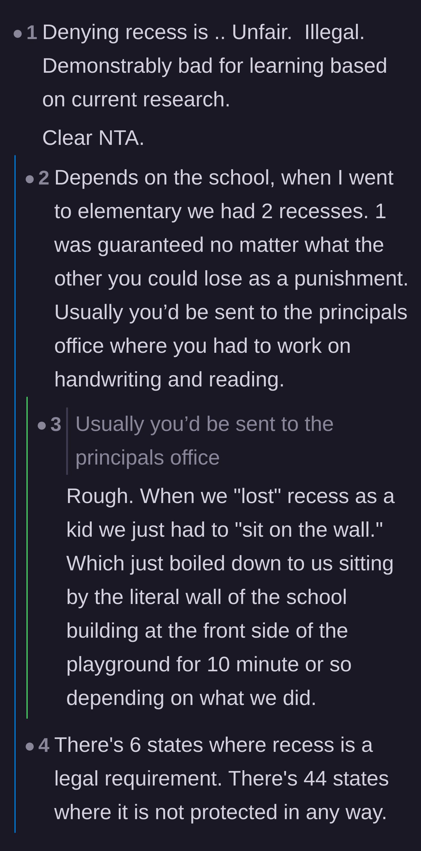 Comment thread 2 - Commenters discussing the illegality and unfairness of denying recess based on current research.