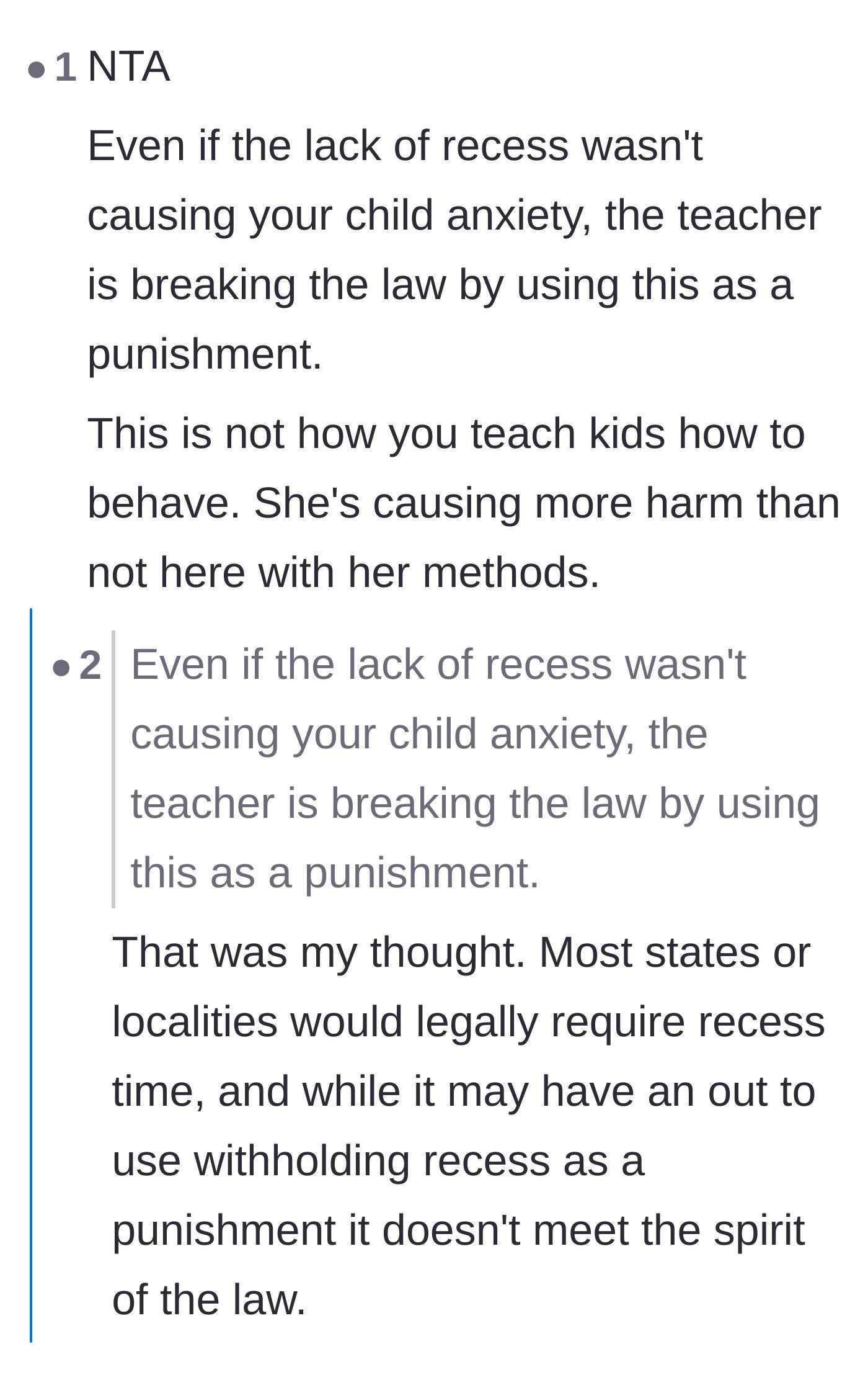Comment thread 3 - A discussion about how recess is legally mandated curriculum time that belongs to the students, not the teacher.