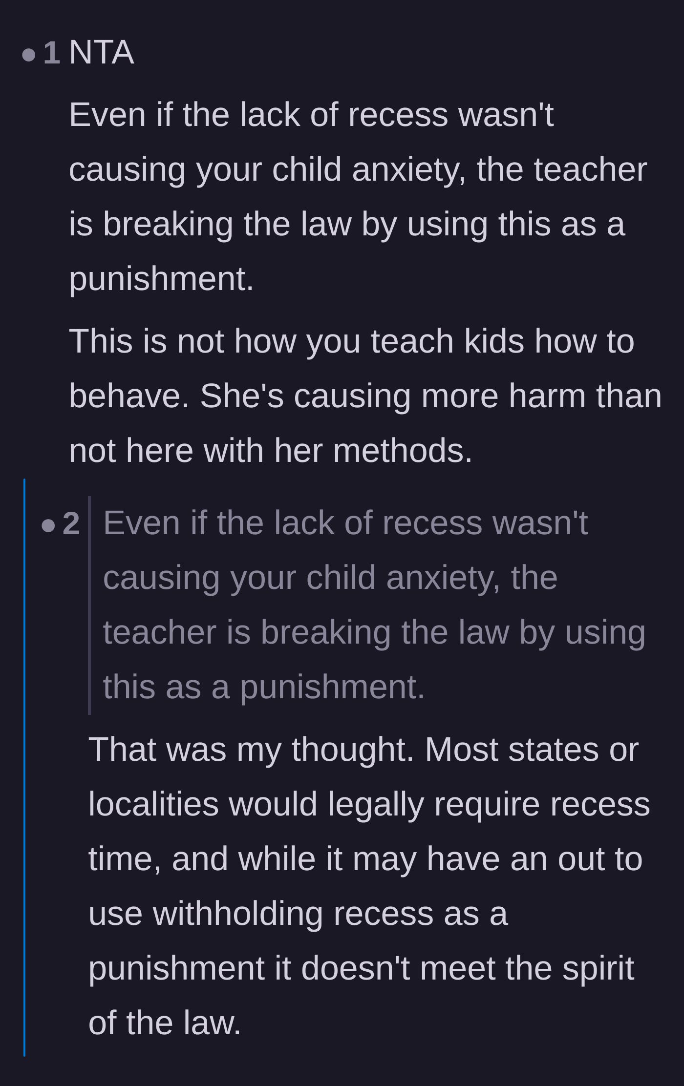 Comment thread 3 - A discussion about how recess is legally mandated curriculum time that belongs to the students, not the teacher.