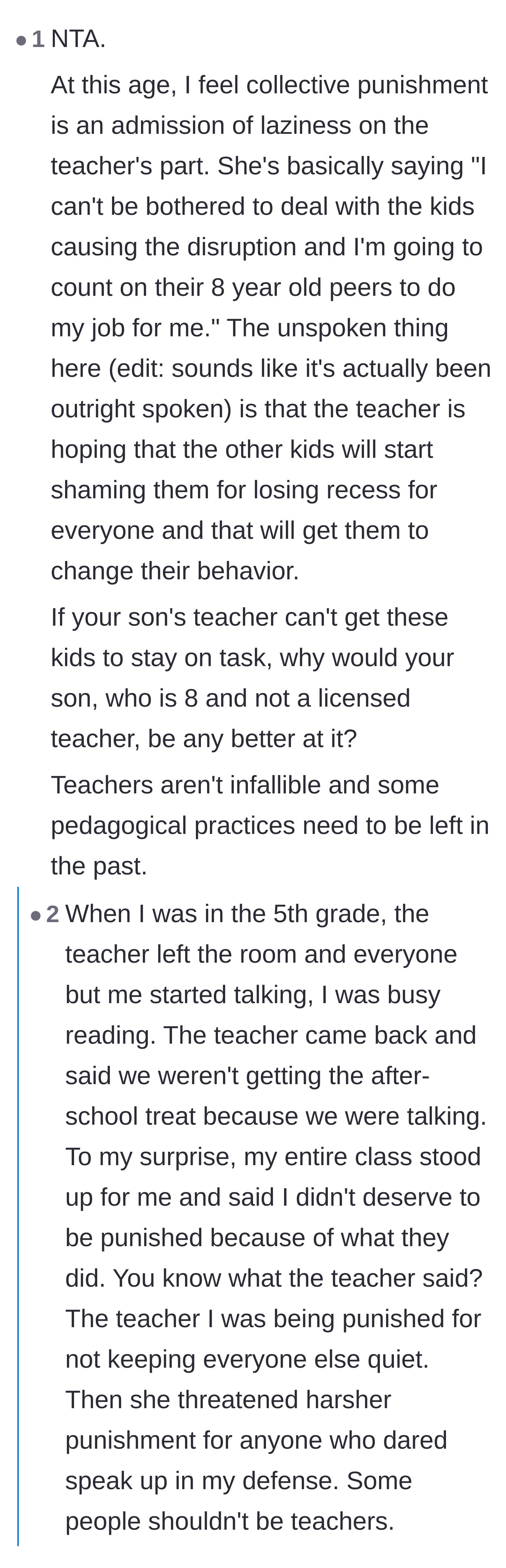 Comment thread 4 - A critique of collective punishment as a lazy tactic that unfairly expects eight-year-olds to manage their peers.