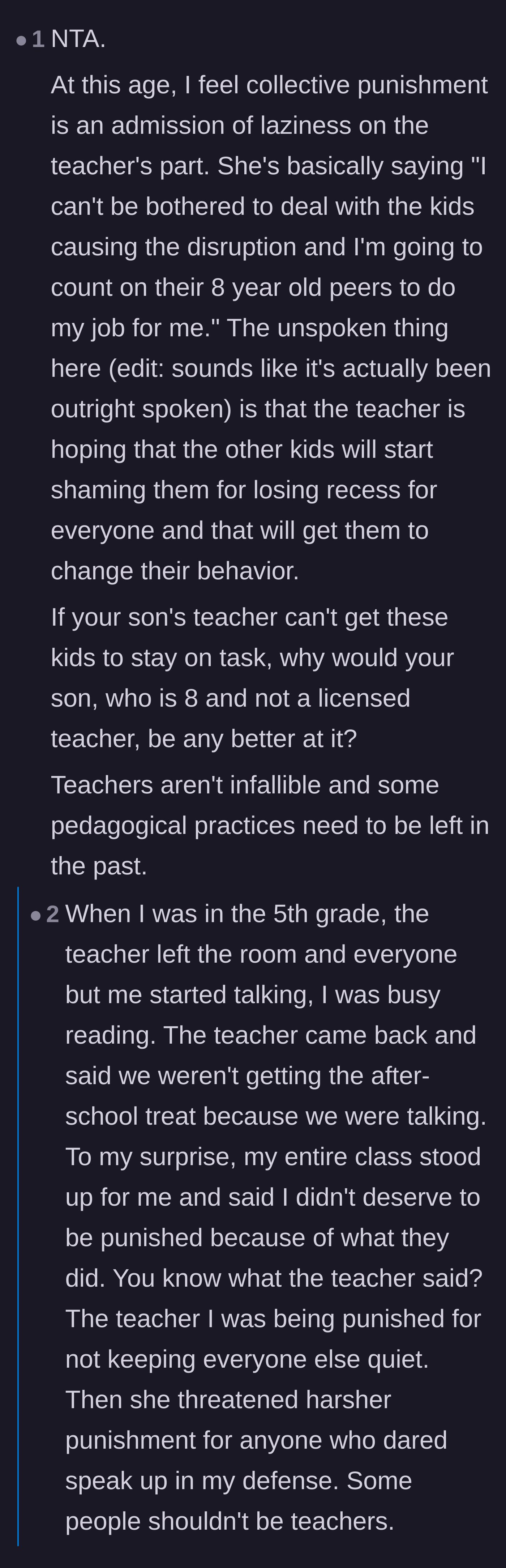Comment thread 4 - A critique of collective punishment as a lazy tactic that unfairly expects eight-year-olds to manage their peers.