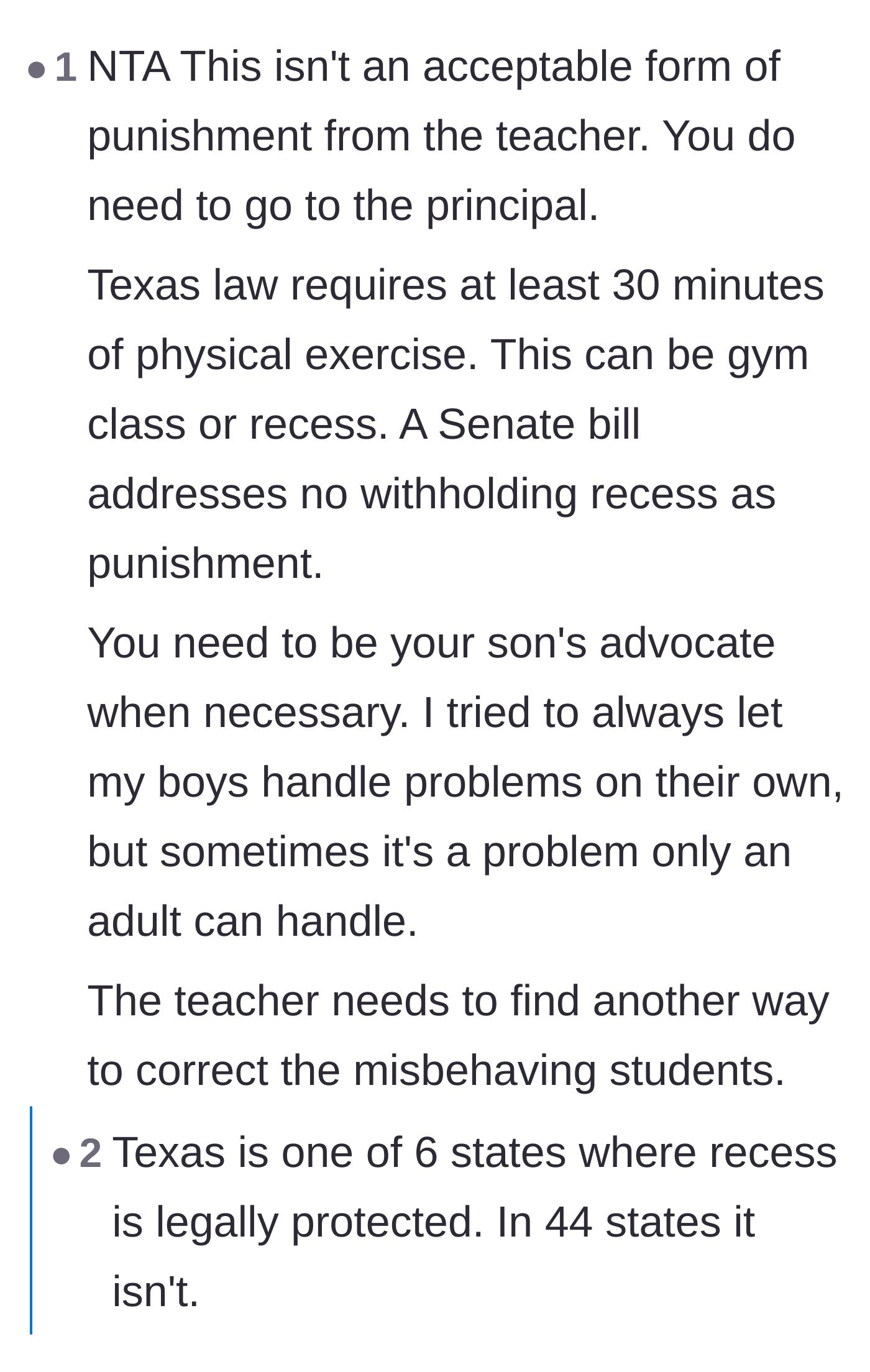 Comment thread 5 - A commenter citing specific Texas state laws that require thirty minutes of physical activity for students.