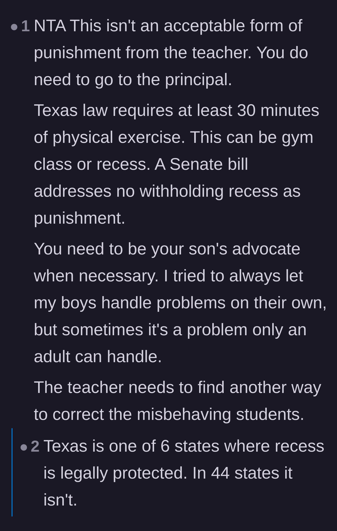 Comment thread 5 - A commenter citing specific Texas state laws that require thirty minutes of physical activity for students.