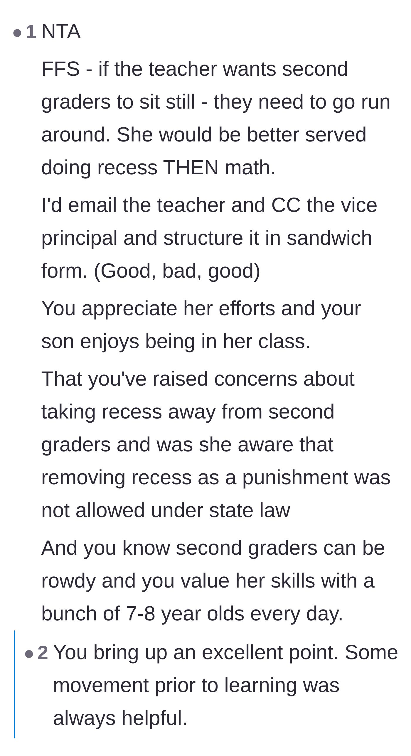 Comment thread 6 - Advice on using a highly professional 'compliment sandwich' email to gracefully escalate the issue to the vice principal.