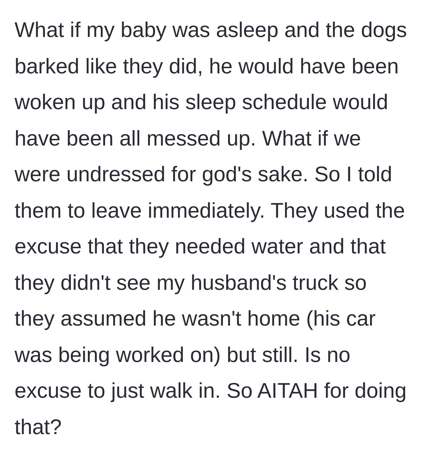 Story part 4 - The mother immediately kicks her parents out to protect her baby's peace, while they make weak, panicked excuses about needing water.