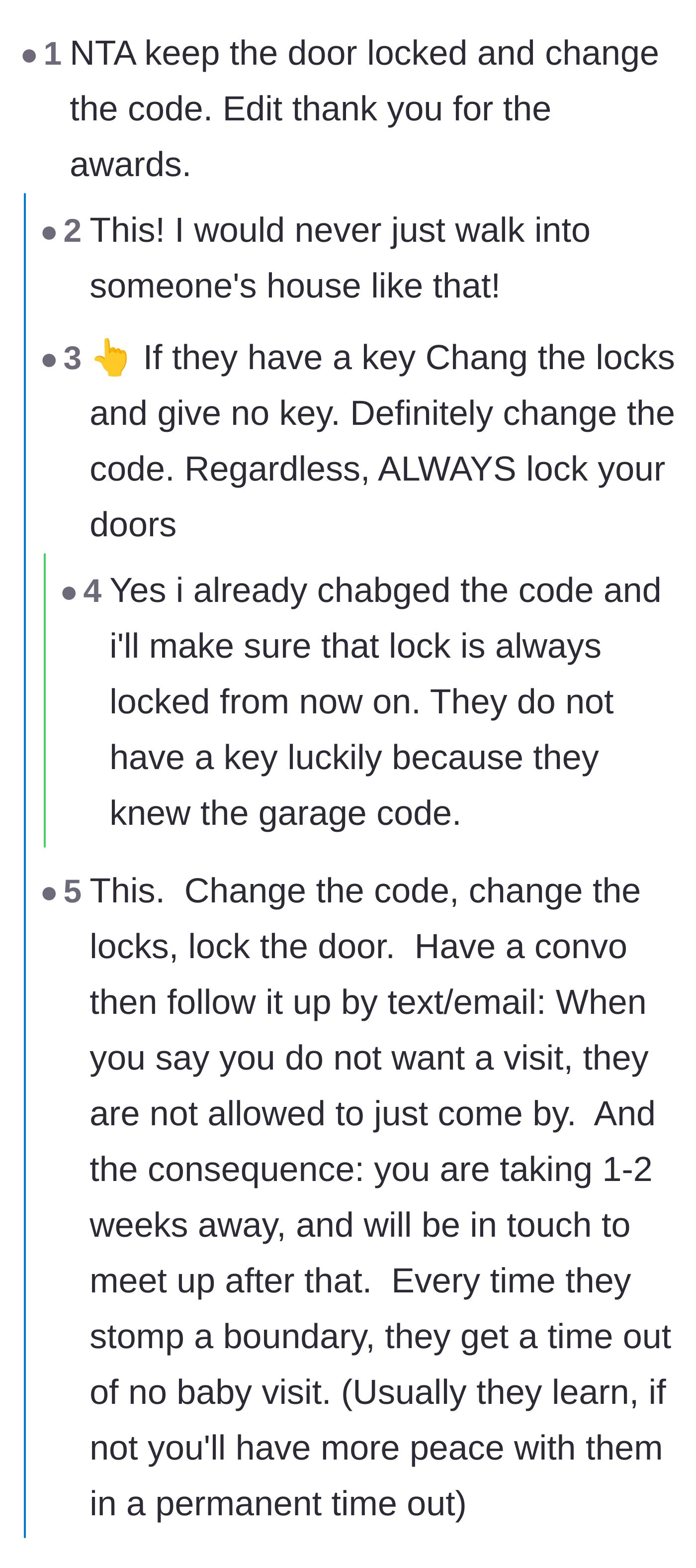 Comment thread 1 - Readers advise the new mother to immediately change her garage code and enforce strict consequences for future visits.