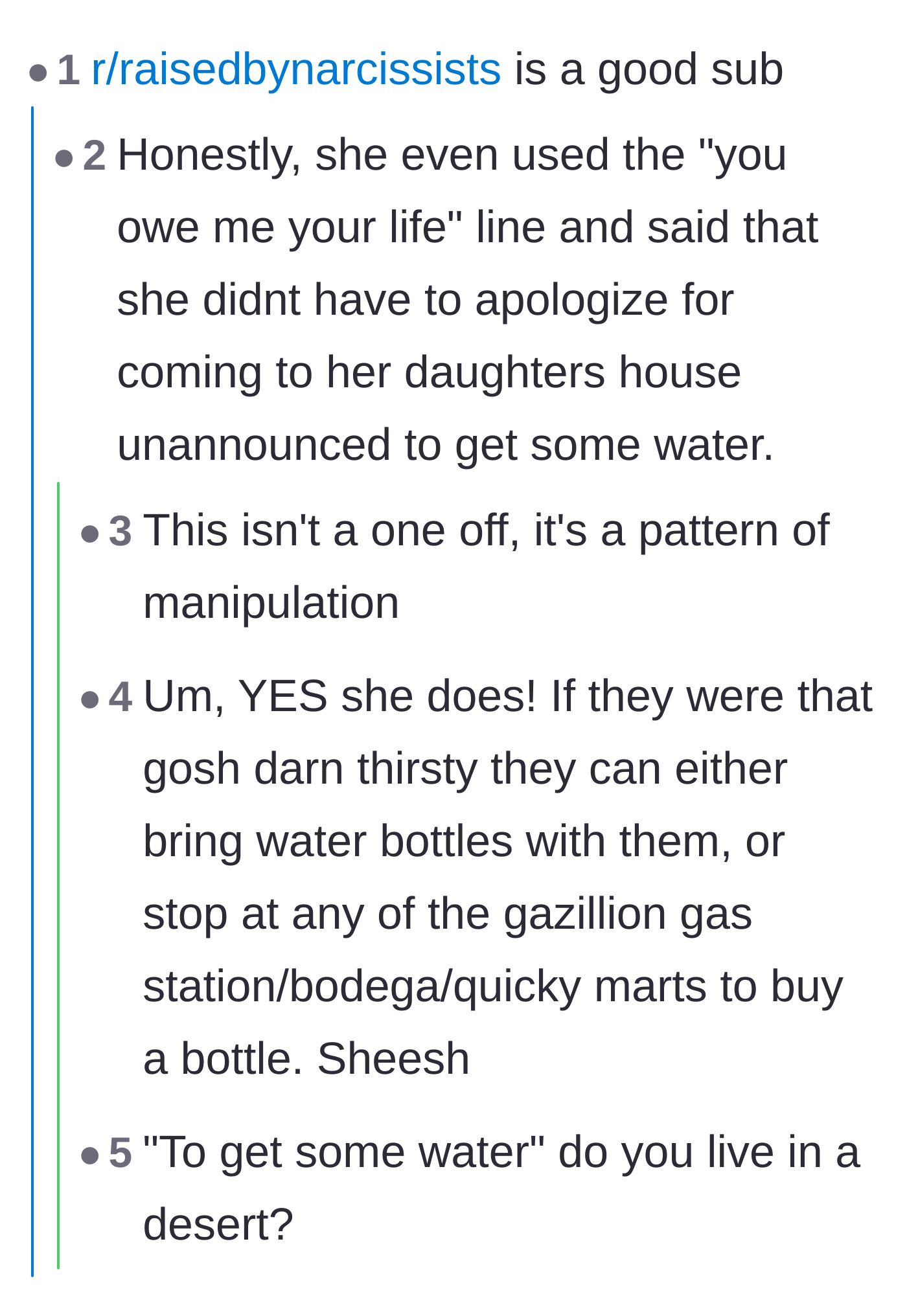 Comment thread 5 - The author reveals even more heartbreaking details about her mother's narcissistic guilt trips and the ridiculous water bottle excuse.
