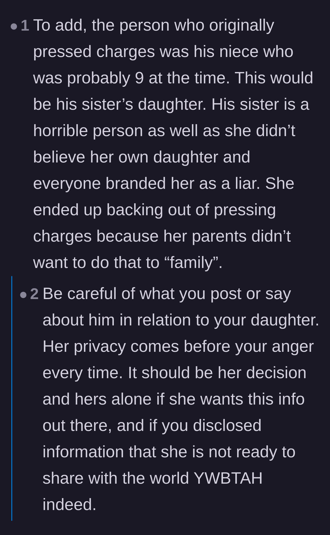 Comment thread 1 - Advice prioritizing the adult daughter's privacy over the mother's desire for revenge.